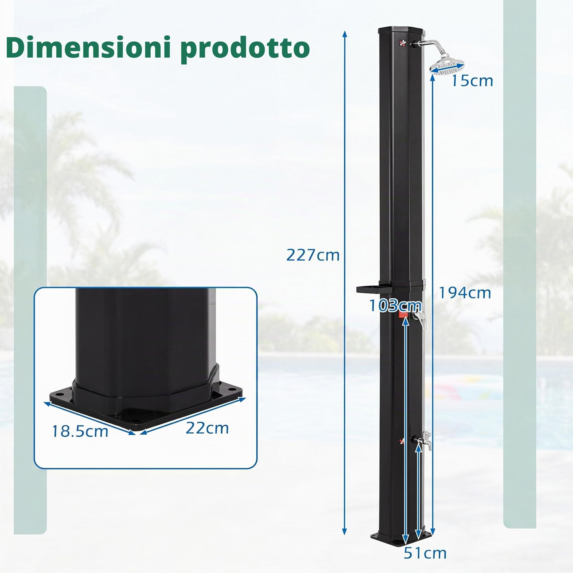 HOMASIS Doccia Solare da Giardino, 60L, 60°C, con Soffione Girevole, Rubinetto Lavapiedi, Miscelatore Acqua Calda e Fredda, Portasapone e Coperta Protettiva, per Esterno, Campeggio e Piscina (Nero)