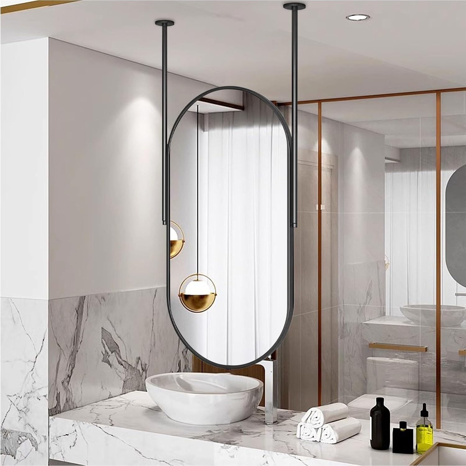Shaving Mirror Shower Mirror for Bathroom, Oval Wall Hanging Decorative Mirror with Black Metal Framed Vanity Mirror for Dressing Room & Living Room with 2 Ceiling Boom (Size : 40cmx60cm)
