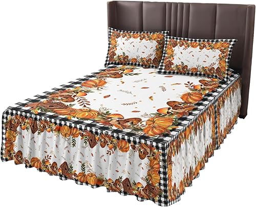 T&H XHome Juego de 2 faldas de cama con volantes y fundas de almohada, juego de 2 piezas con fundas de almohada, otoño de Acción de Gracias,