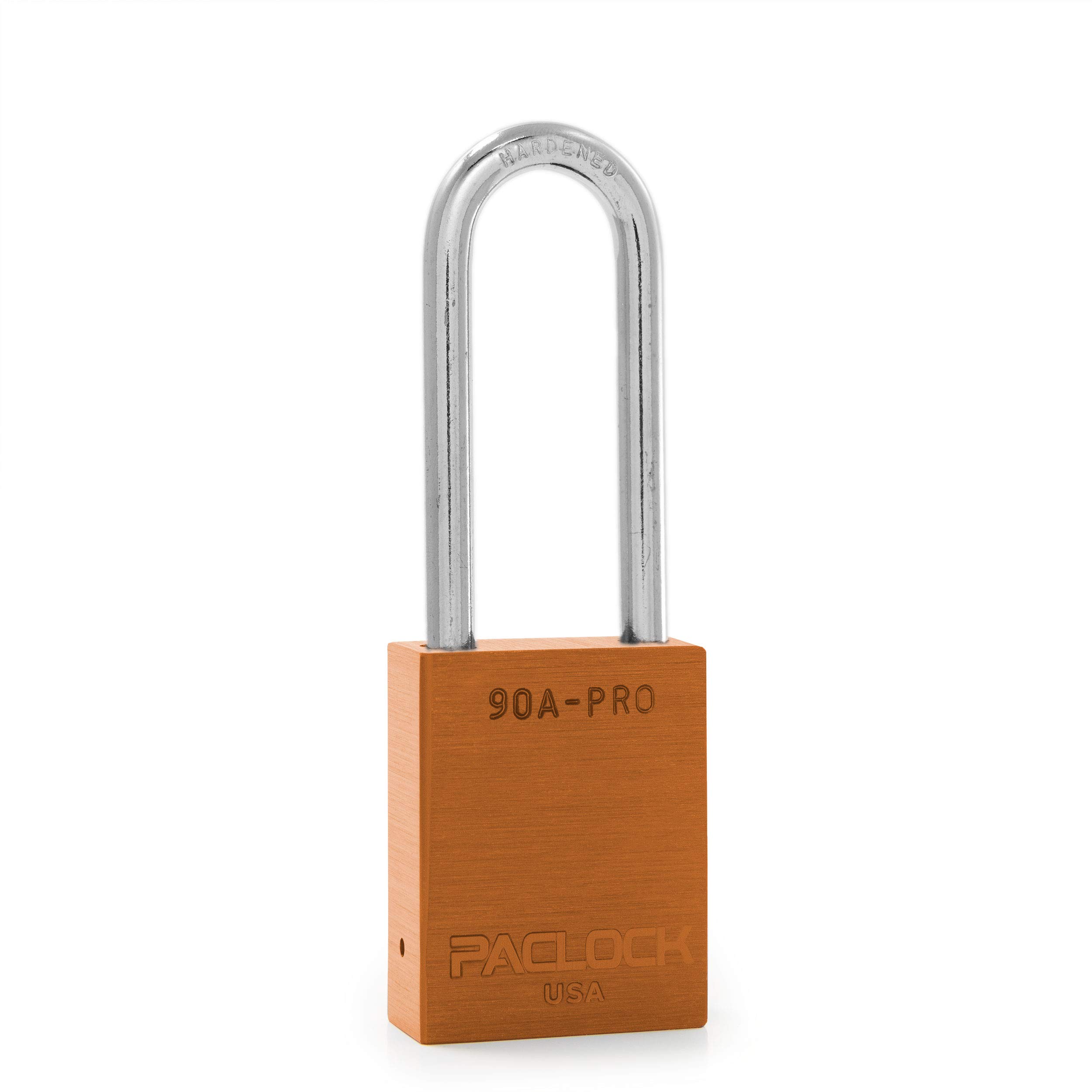 PACLOCK's 90A-PRO Padlock, 1/4" Diameter Hard. Steel Shackle, 2-1/2" Tall, High Performance 7-Pin Cylinder w/ 1 Key, Keyed Alike, Orange