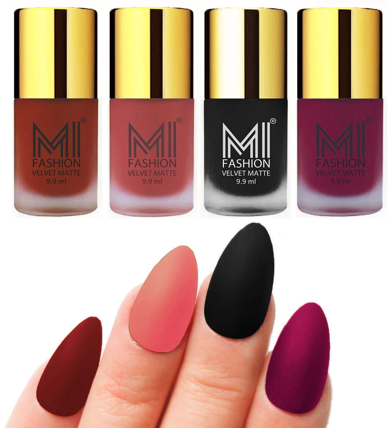 MI FASHION Velvet Matte Nail Polish Set Lacquer & Highly Pigmented Intsense Color 9.9ml Cherry Red, Light Peach, Black, Magenta (Pack Of-4)-image-24