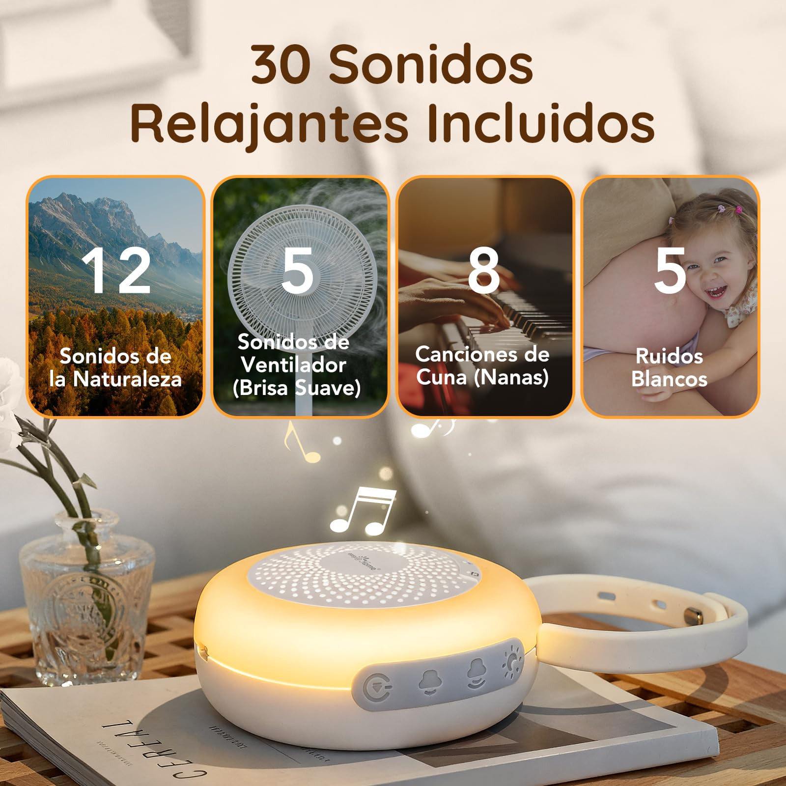 Easy@Home Máquina para ruidos blancos portátil con 30 sonidos relajantes, temporizador automático y luz nocturna | Ideal para bebés y adultos, generador de ruido blanco para dormir y relajarse