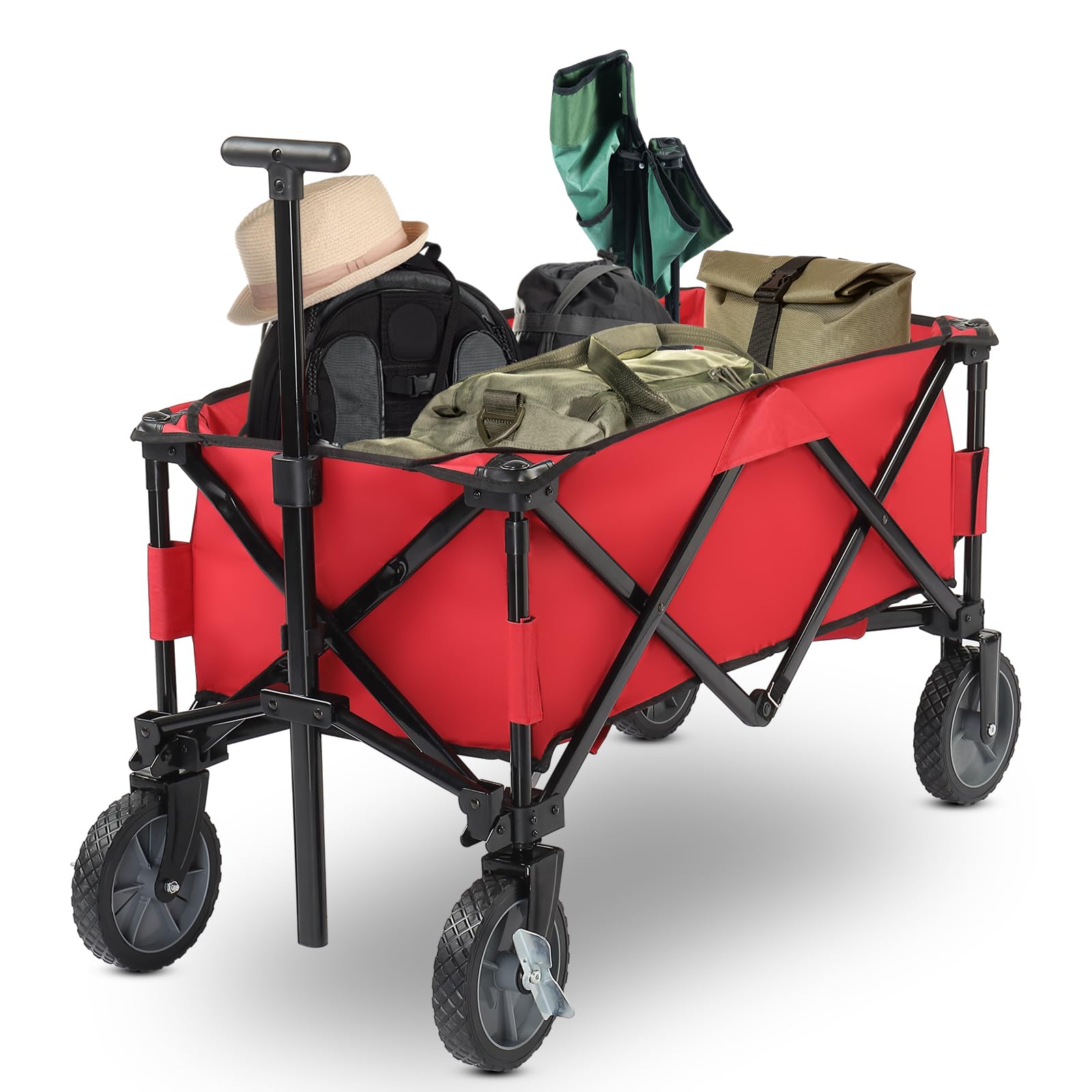 Outvita Chariot de Plage Pliable, Chariot à roulettes Tout Terrain pour Extérieur Camping、Jardin | Capacité 100 kg | Poignée Réglable - Rouge