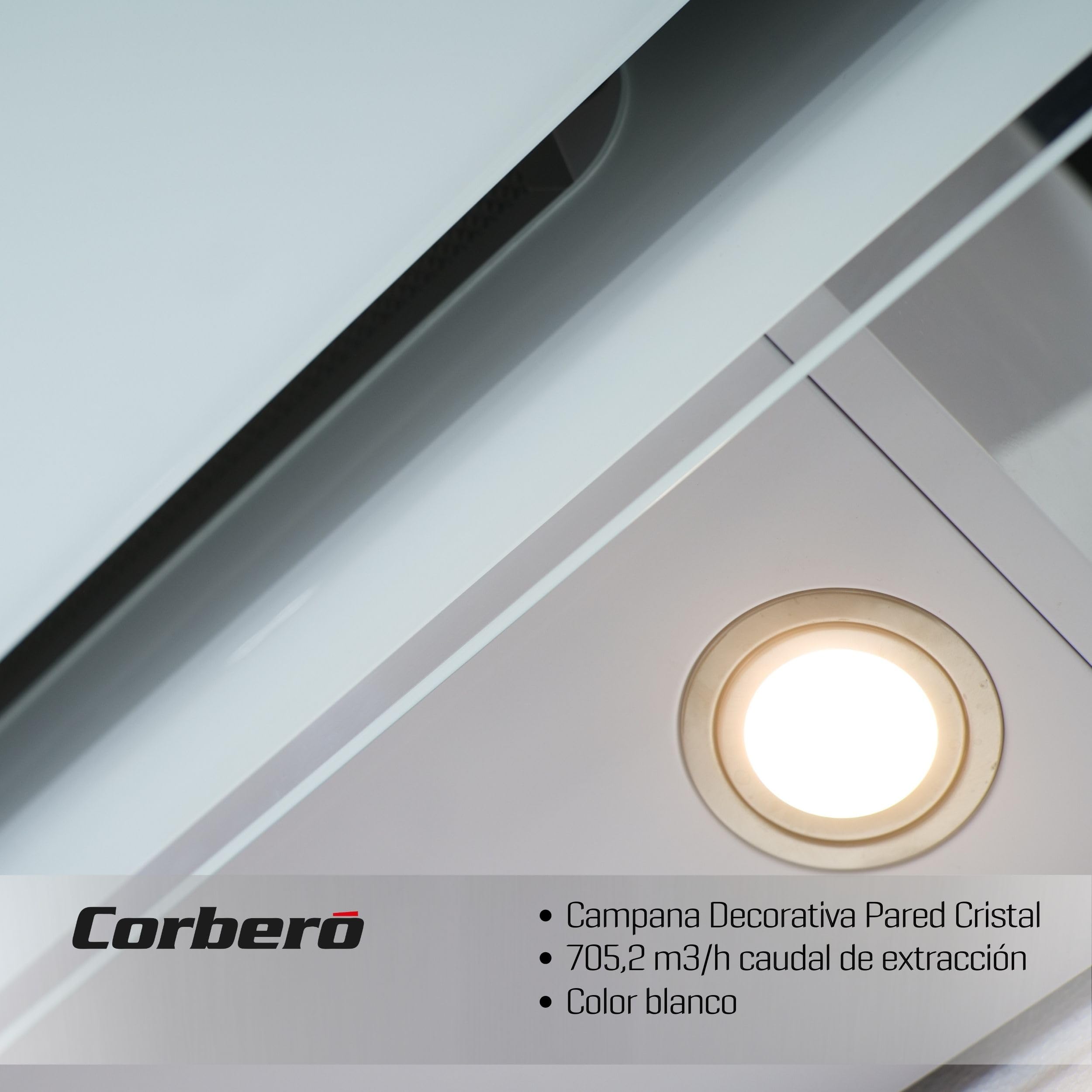 Corbero - Okap dekoracyjny 90 cm | ONEGA975W | 230 W | 3 prędkości | Sterowanie dotykowe | Przepływ 750 m3/h | Szkło hartowane | Filtr aluminiowy 3-warstwowy | Filtr węglowy biały | biały kryształ