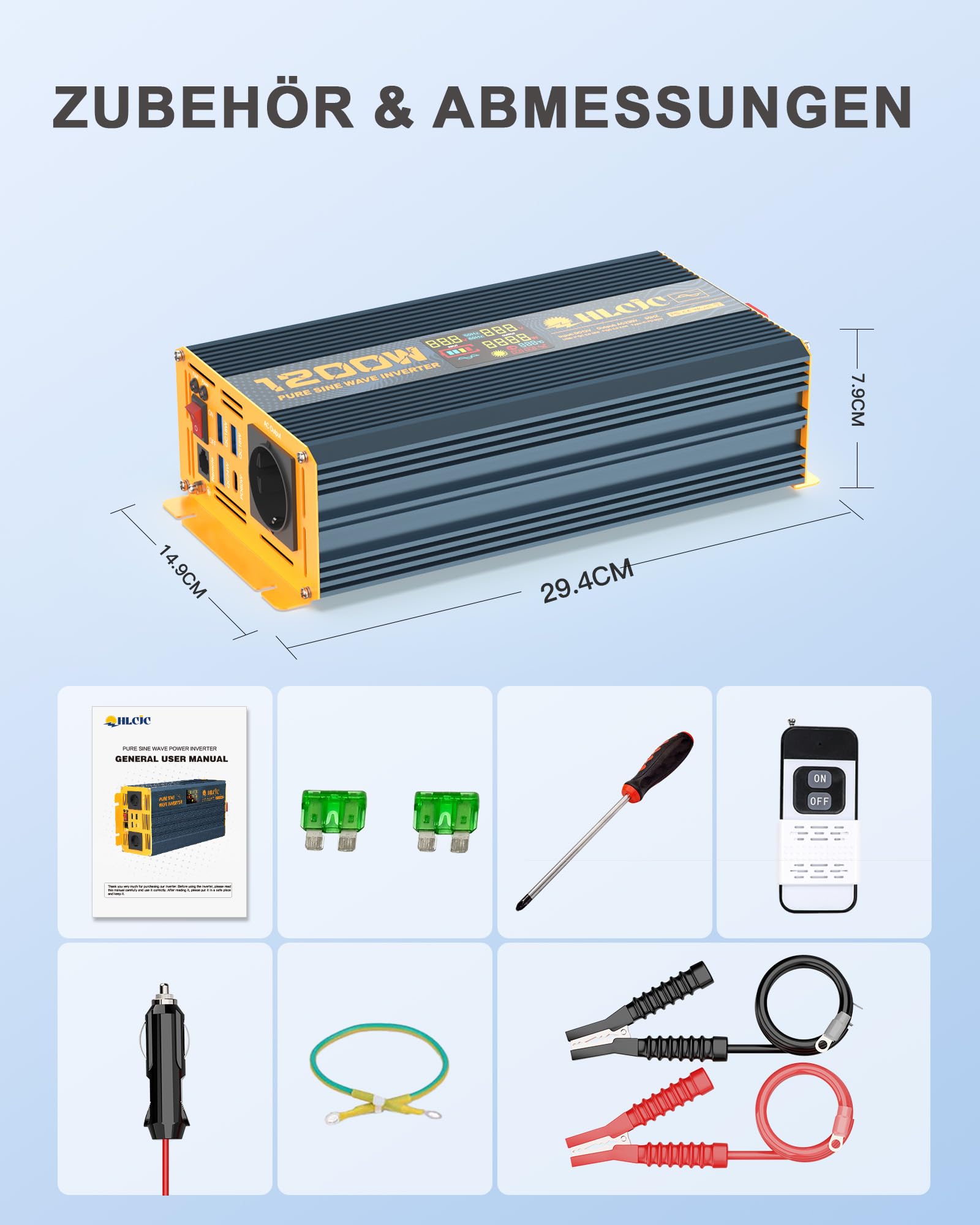 Convertidor de Voltaje 1200W/2400W Inversor de Onda Sinusoidal Pura 12V a 230V, Pantalla LCD para Autocaravana Camión Coche
