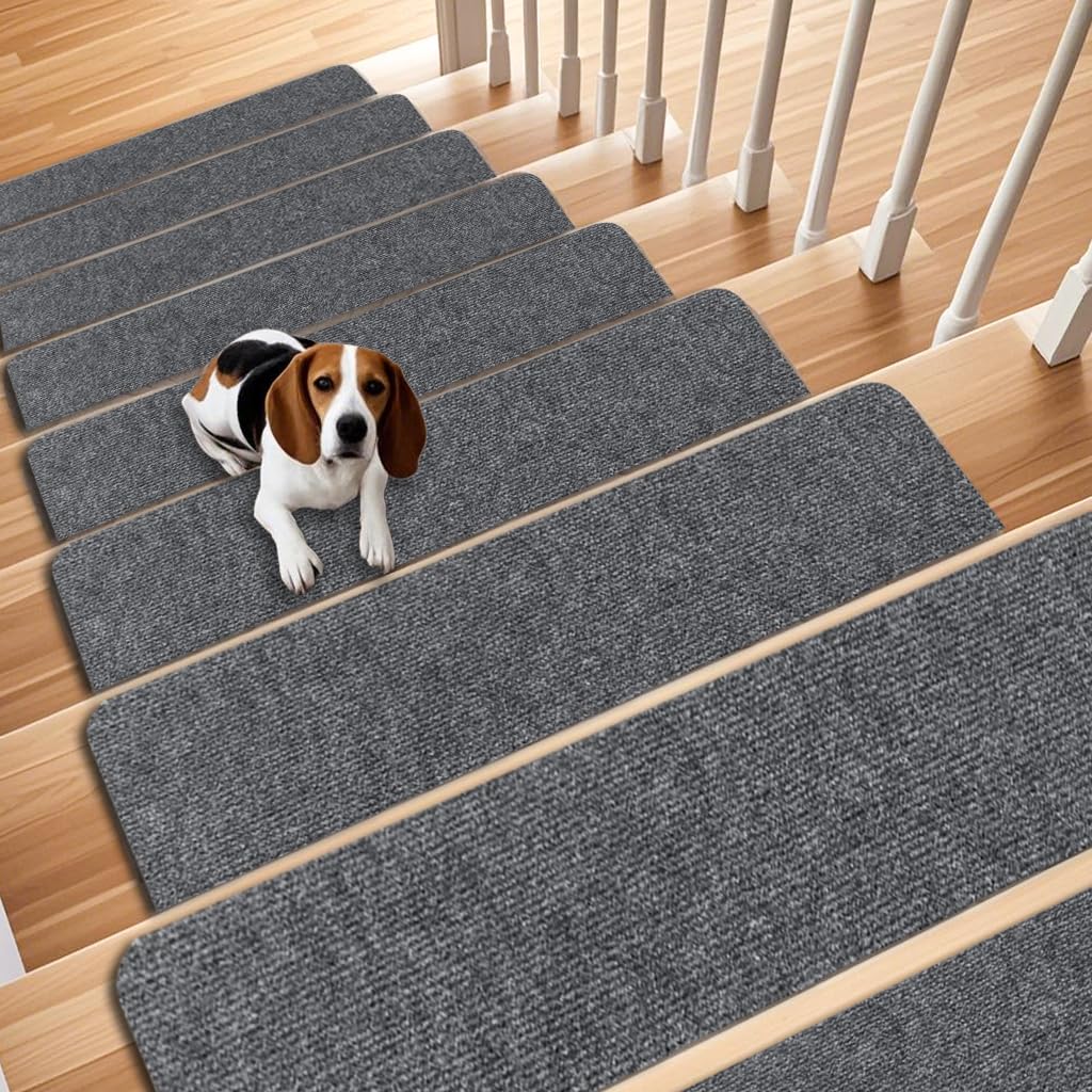 Aucuda 15 Stück Treppenstufen Matten, 76x20 cm Stufenmatten Selbstklebend für Holzstufen, Innen Rutschfest Treppenteppich für Treppenschutz, Treppenstufen Teppich für Ältere, Kinder und Haustiere,grau