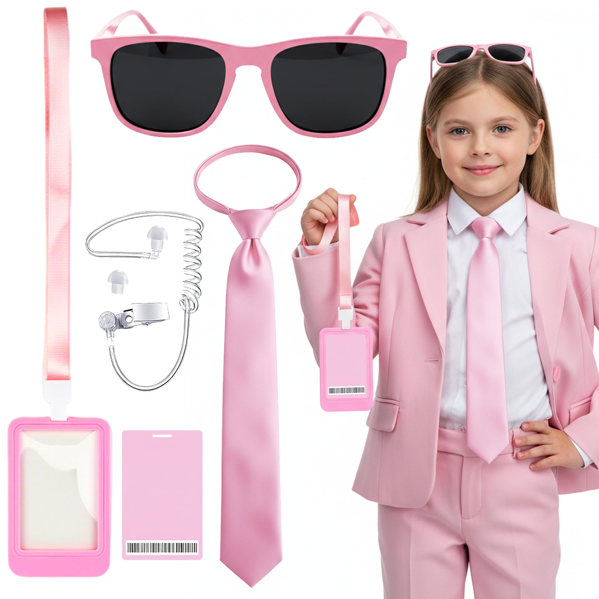Wylario Secret Agent Costume Accessories Set - 5Pcs Pink Spy Cosplay Kit with Sunglasses Tie Earpiece and ID Card Holder, Halloween Cosplay Carnival Fancy Dress for Women Girls