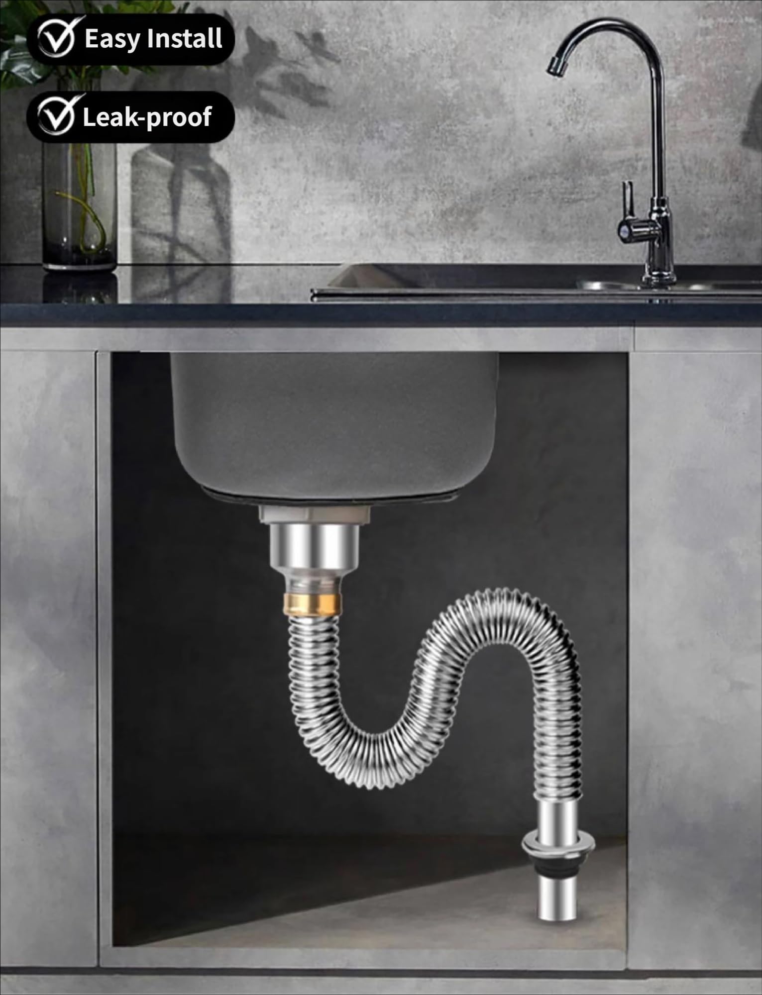 Tubo di scarico per lavello da cucina in acciaio inox, tubo flessibile a sifone, connettore per fognatura a prova di odore per drenaggio dei rifiuti senza soluzione di continuità
