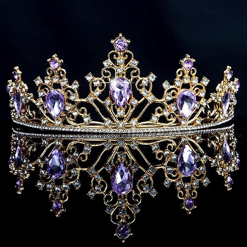 Miniatura 3 de AHONEY Tiara y corona dorada de gema morada para mujer, corona de sirena de cristal, tiaras de princesa con diamantes de imitación para niñas,