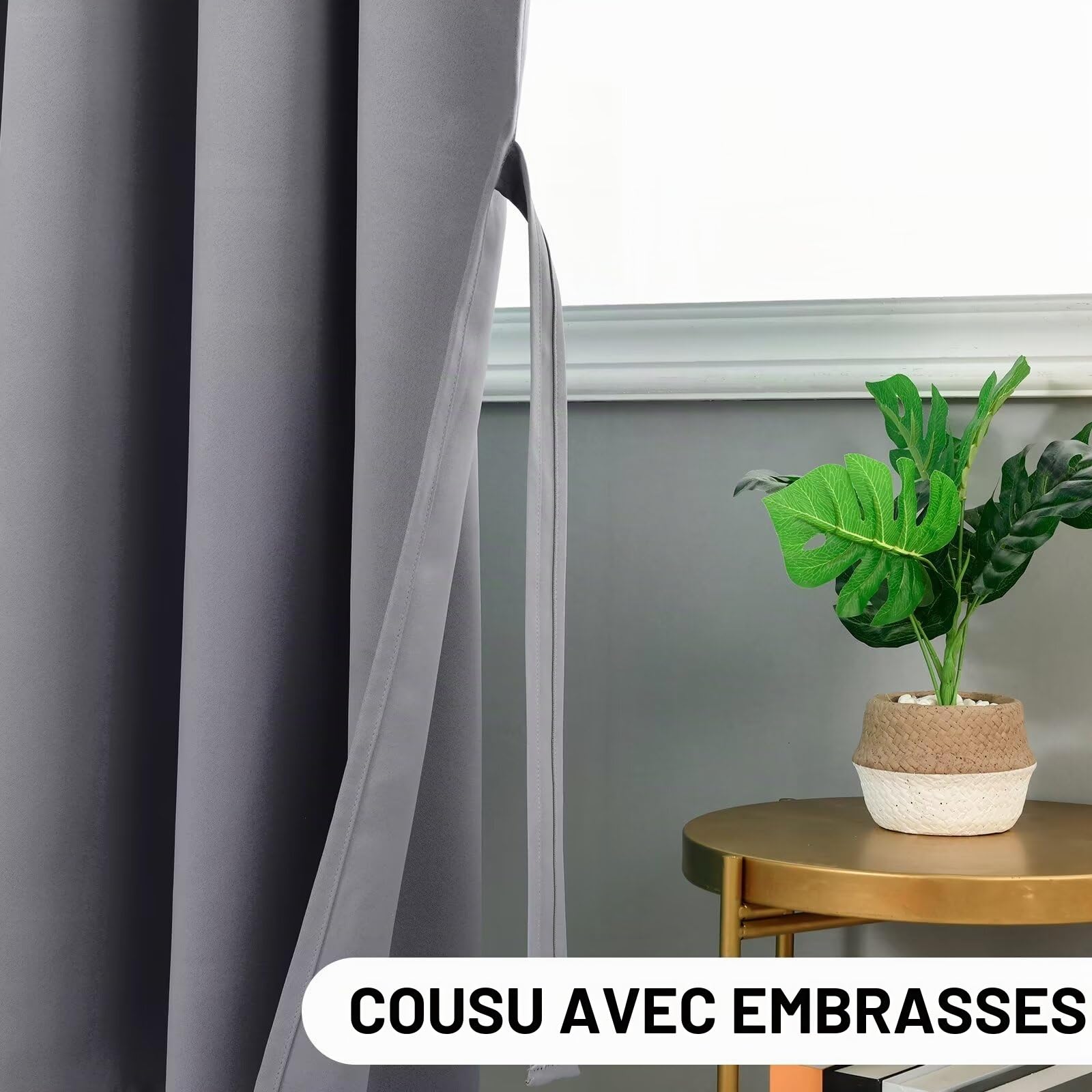 DWCN Rideau Occultant Galon Fronceur avec Cravates - Rideau Thermique Isolant Anti Froid et Chaleur, Rideaux pour Salon et Chambre, Gris, 140 x 200 cm