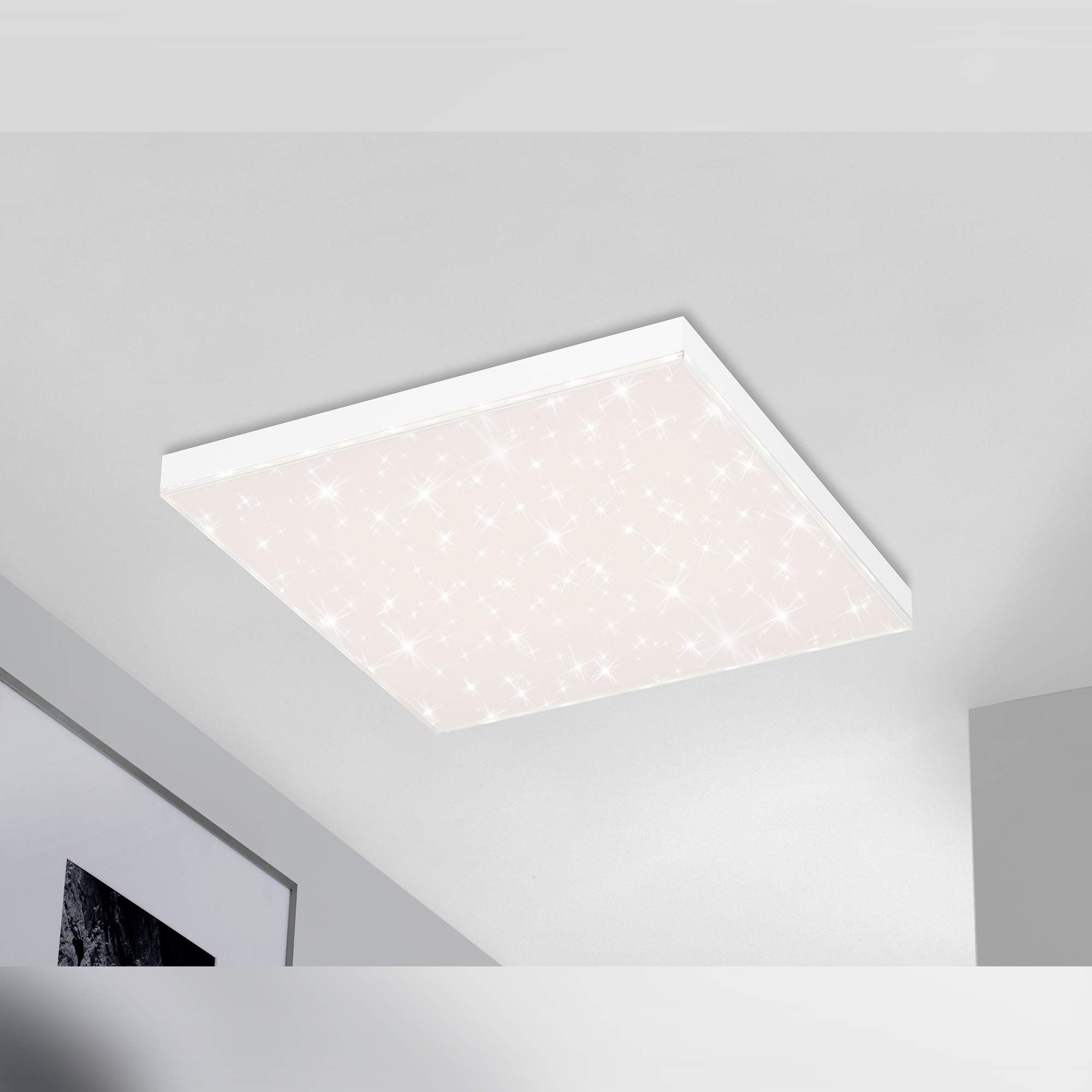 Briloner Leuchten - LED Panel, Deckenleuchte dimmbar, Deckenlampe mit Lichtkante, Sternendekor, inkl. Fernbedienung, Farbtemperatursteuerung, 24 Watt, 2.400 Lumen, Weiß, 450x450x69mm (LxBxH), 7381-116