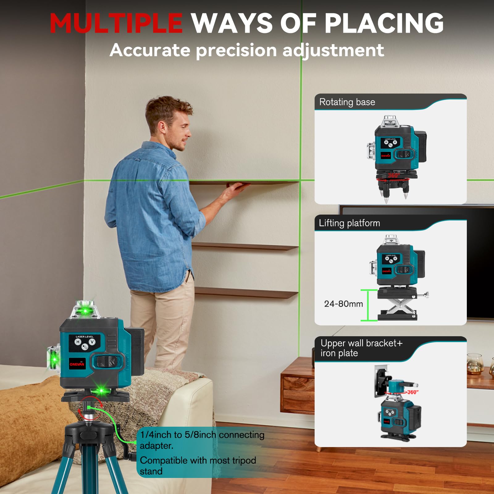 ONEVAN Livella Laser 4D 16 Linee Verdi con Treppiede 1m, Autolivellante Professionale ±3°, Portata 25m, 2 Batterie 2400mAh, IP54 Laser Croce Verde per Pavimenti, Piastrelle e Cartongesso