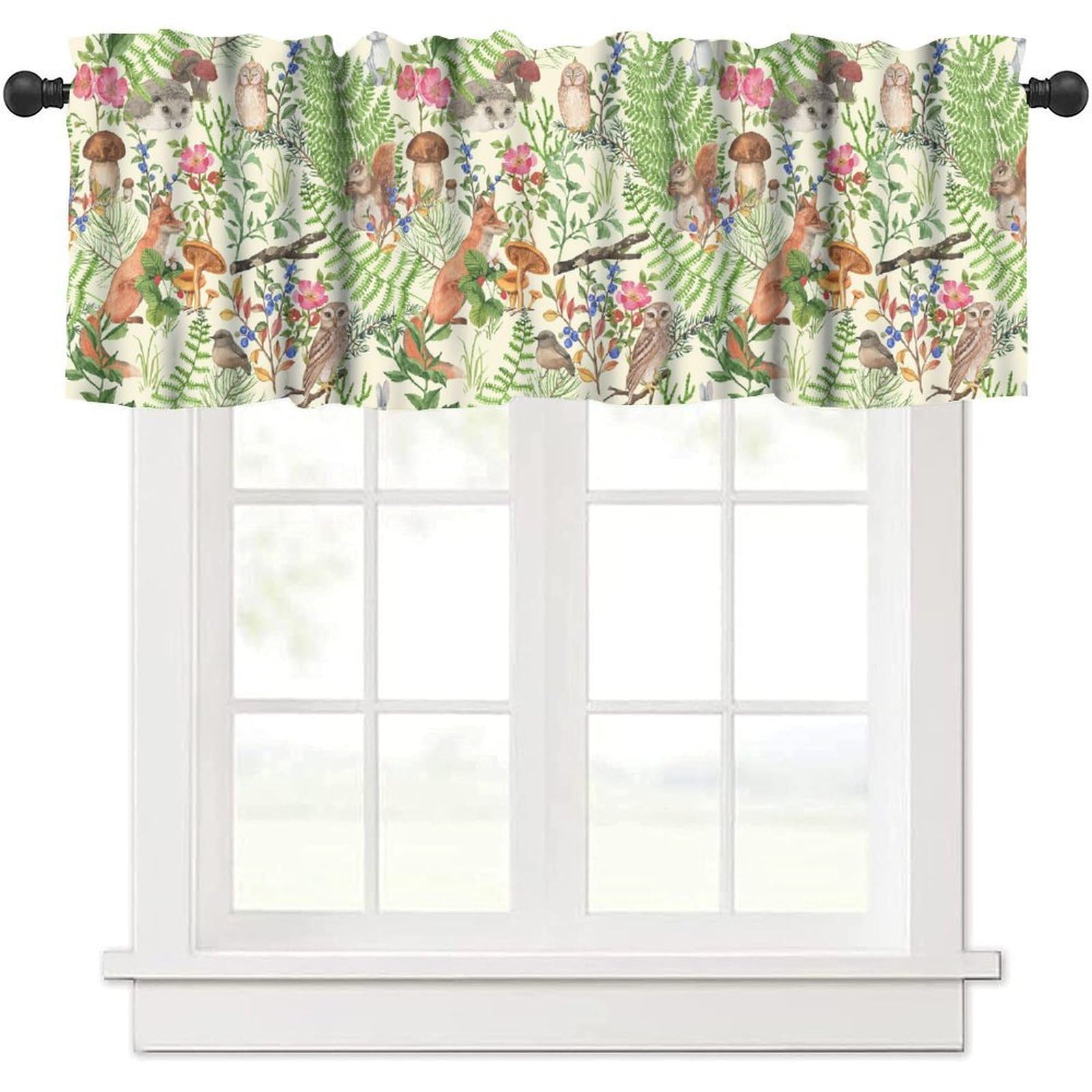 moderw Forest Animal Valance Curtain Rustic Wildlife Animals Watercolor Cute Woodland Fox Hedgehog Window Treatment Valance for Kids Girls Boys Bedroom Living Room 54x18inch