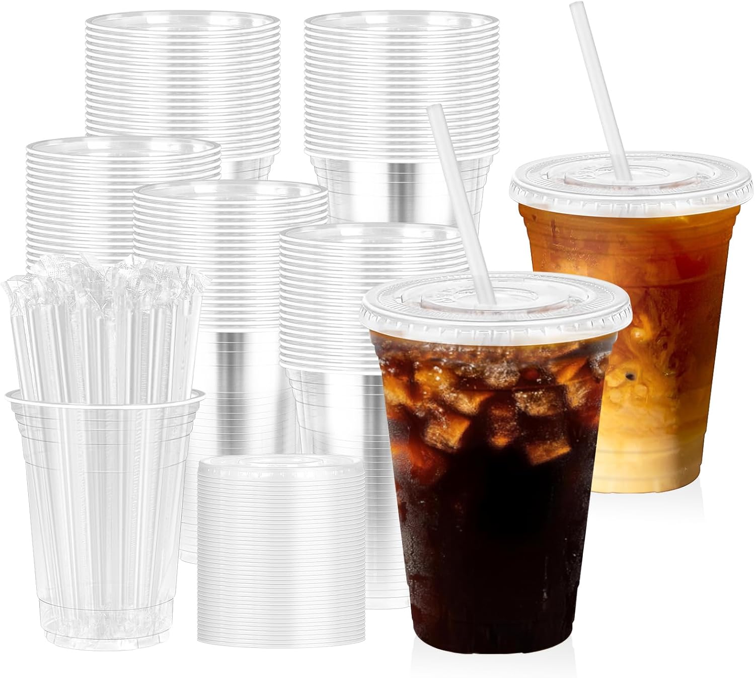 16 oz 100 Pack Clear Plastic Cups with Lids and Straw,leak-proof durable,To-Go Cold Coffee Cups,Disposable Cold Drink Cups for Parties, Outdoor Events, Cafes, and Smoothies