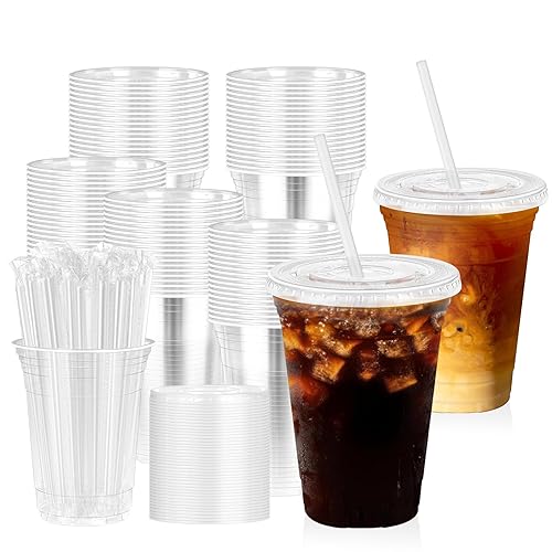 16 oz 100 Pack Clear Plastic Cups with Lids and