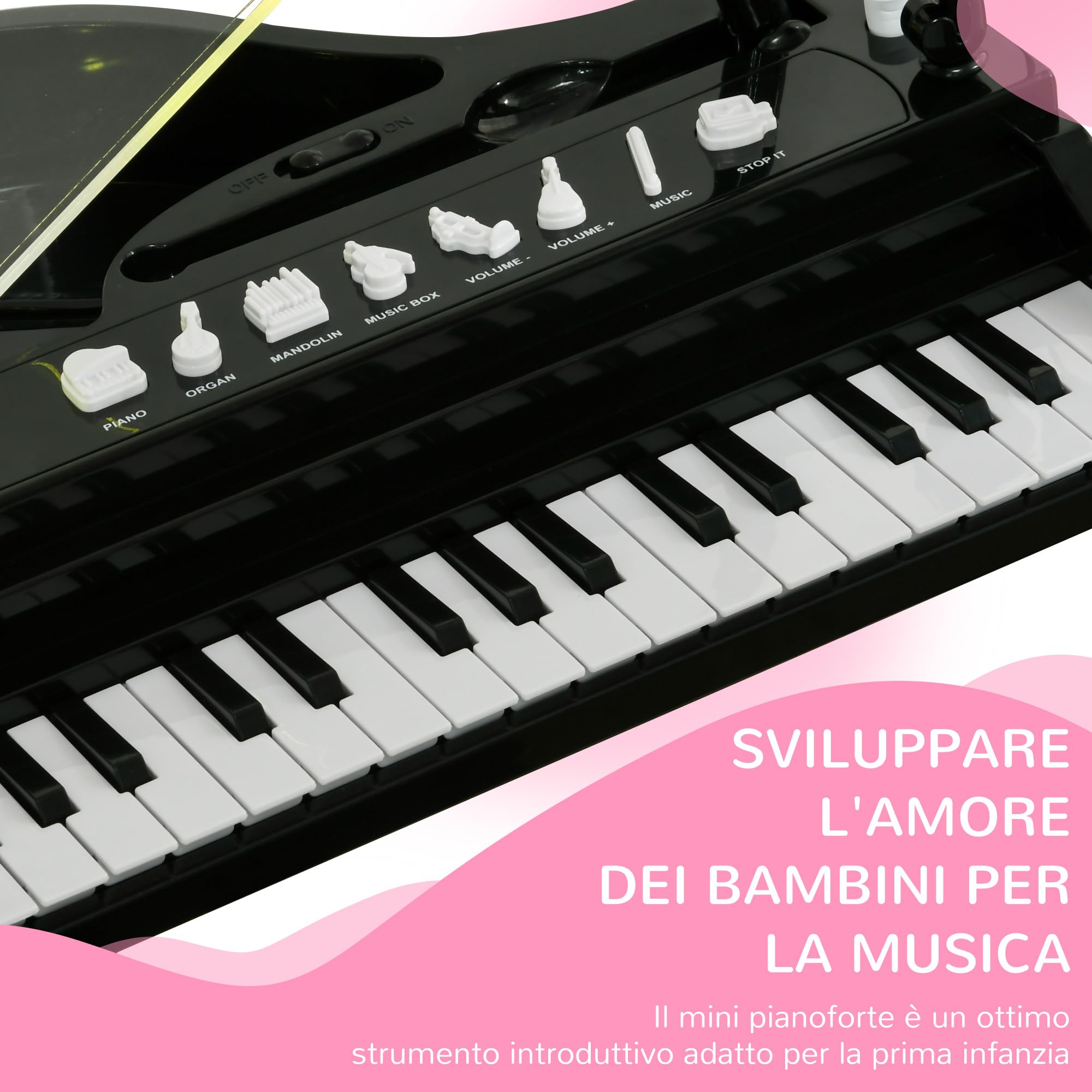 AIYAPLAY Pianoforte per Bambini a 32 Tasti con Microfono e Musiche Nero | Con Sgabello, Tastiera Pianoforte Giocattolo, Gambe Rimovibili