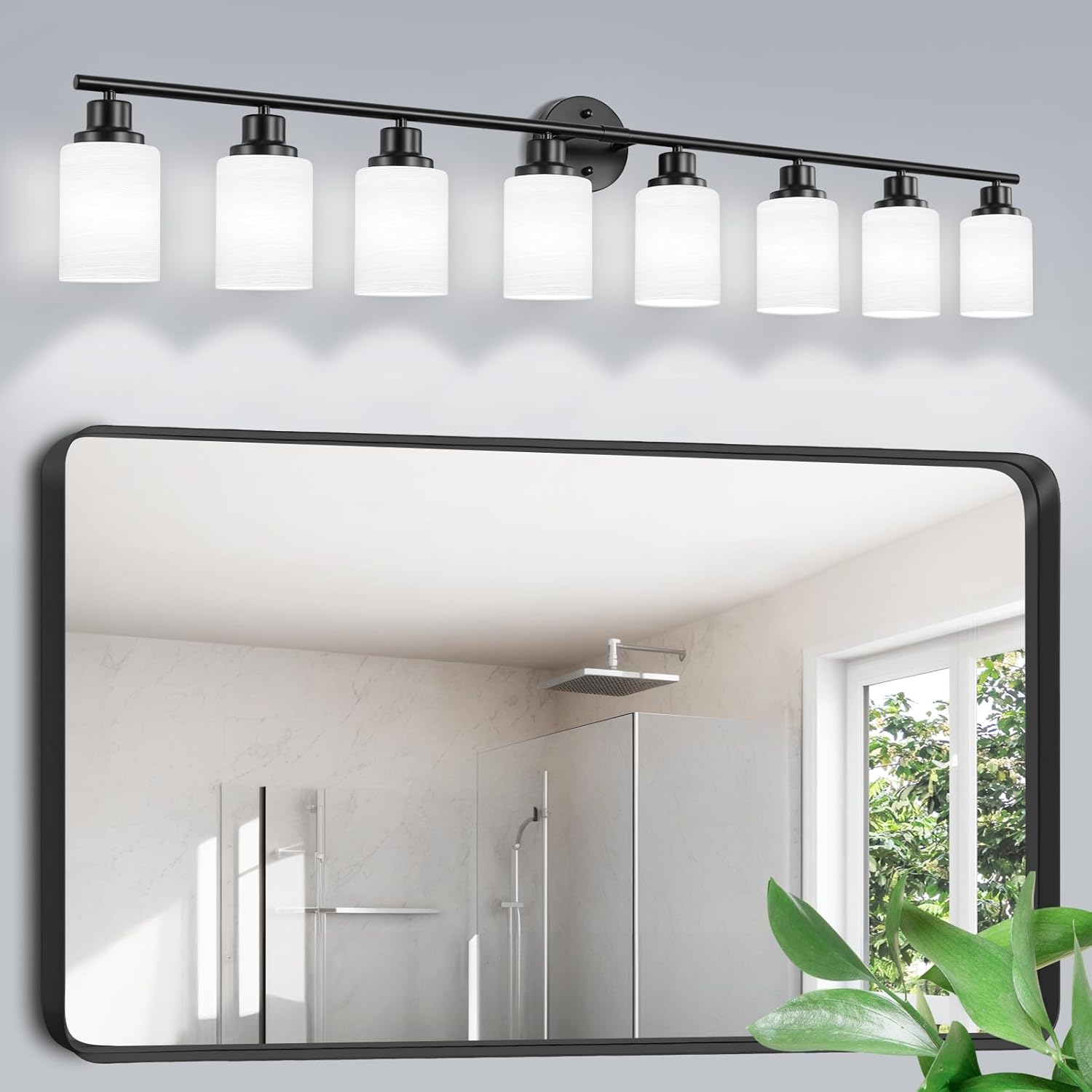 8-Light Vanity Lights, Black Bathroom Light Fixture with Striped Textured Milky White Glass Shade, Modern Vanity Lighting Fixture for Bathroom Wall Light Over Mirror, E26 Wall Sconce Black 8-Light