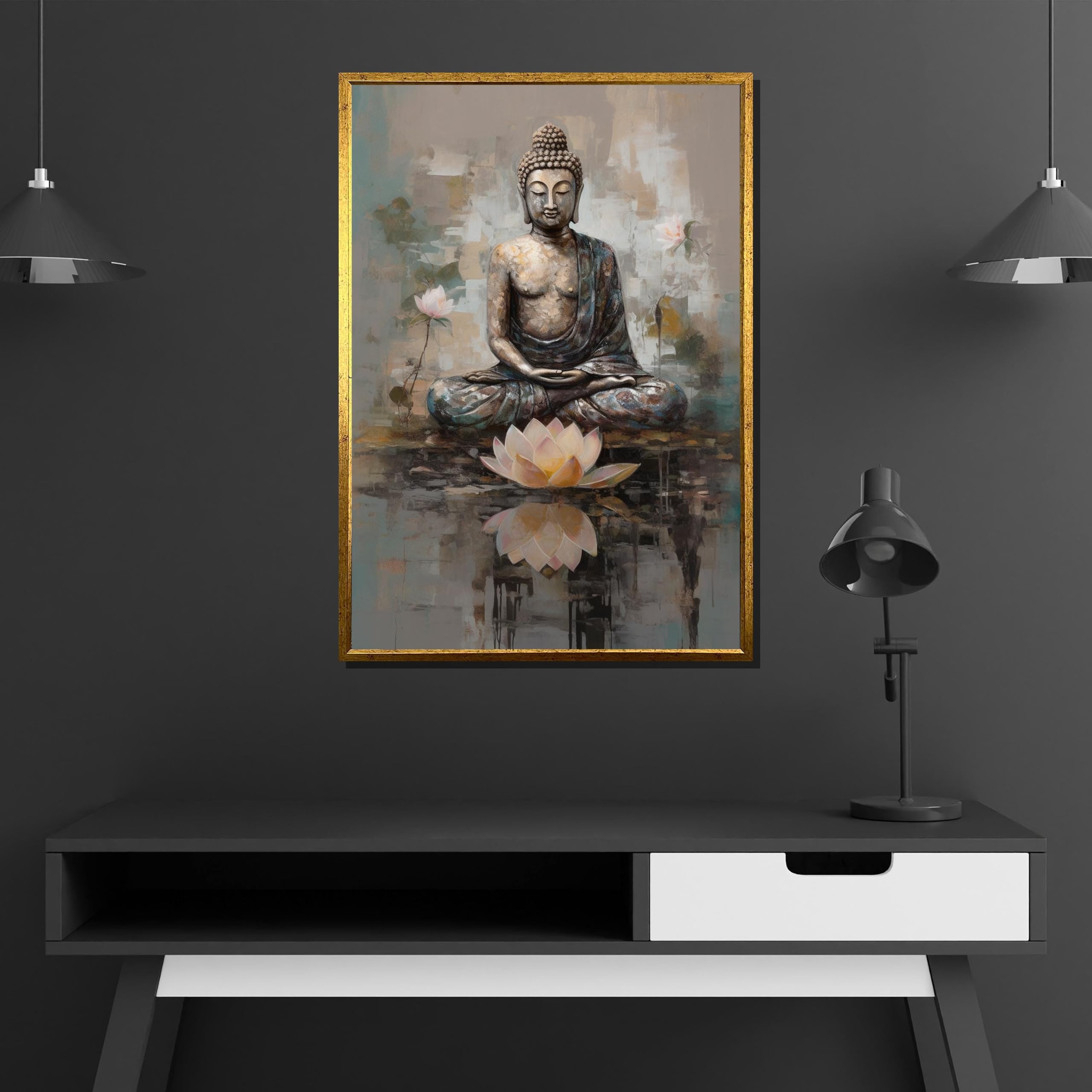 XINBAO Calm Meditative Buddha obraz na płótnie, gotowy do powieszenia, plakaty Zen, boho, odbicie, dekoracja na płótnie, sztuka ścienna (80 x 120 cm)