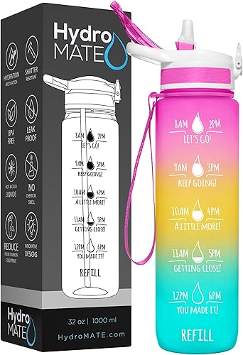 Miniatura 2 de NatureWorks HydroMATE - Botella de agua de 32 onzas con marcas de tiempo por hora, sin BPA, reutilizable, a prueba de fugas, con popote y funda de