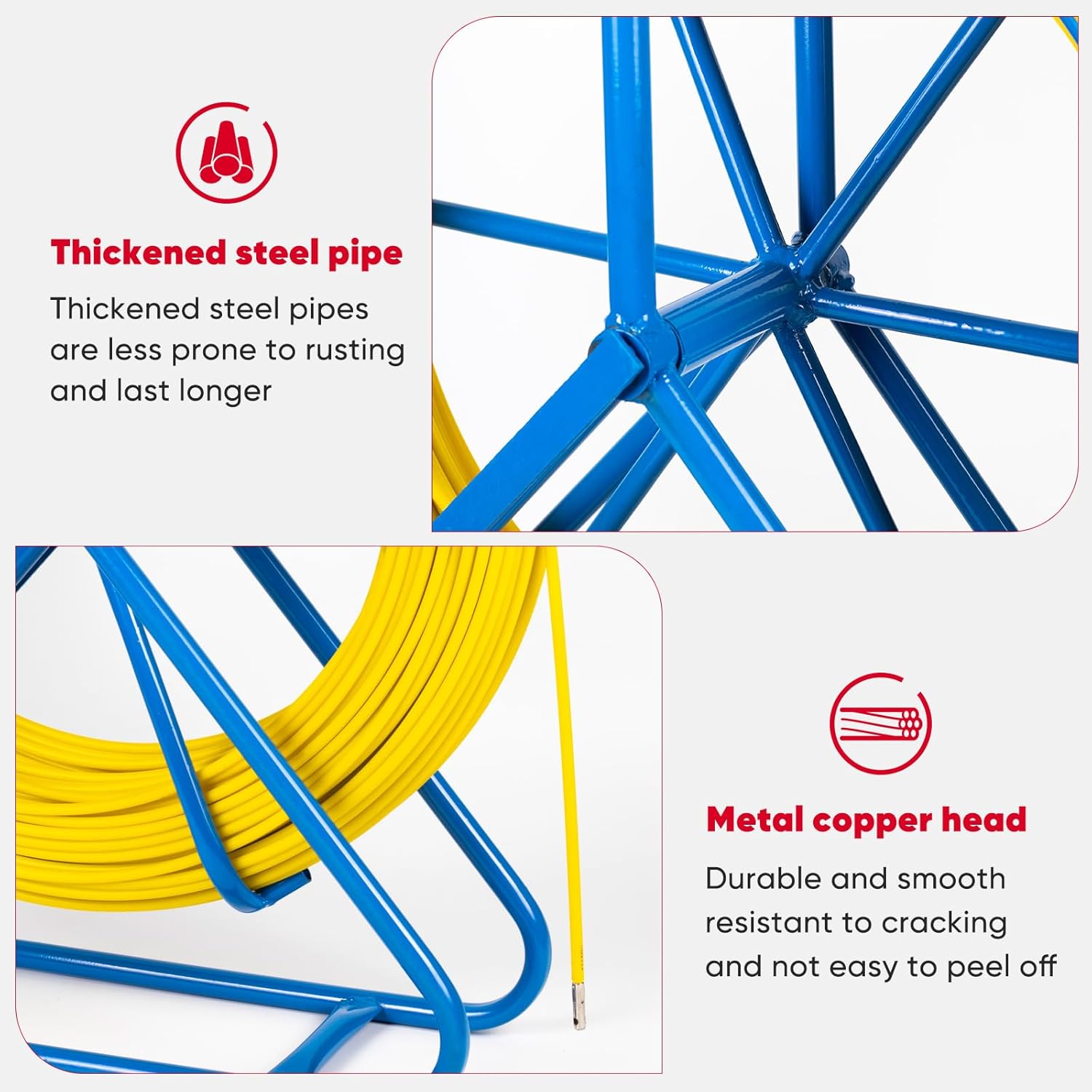 Duct Rodder Fish Tape Wire Puller, 8MM(5/16 inch) 492FT Fiberglass Wire Cable Running Rod with Cage and Wheels, Fishing Tape Fiberglass Tools for Walls and Electrical Conduit, Non-Conductive