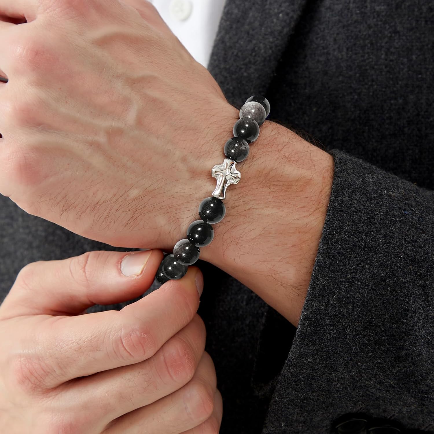 Men's Cross Bracelet, 10mm Natural Gemstones, Elastic Adjustable Christian Beaded Bracelet for Baptism, Communion, Anniversary, Christmas & Thanksgiving,Silver Obsidian/Lapis Lazuli/Tiger Eye/Map Stone - Image 4