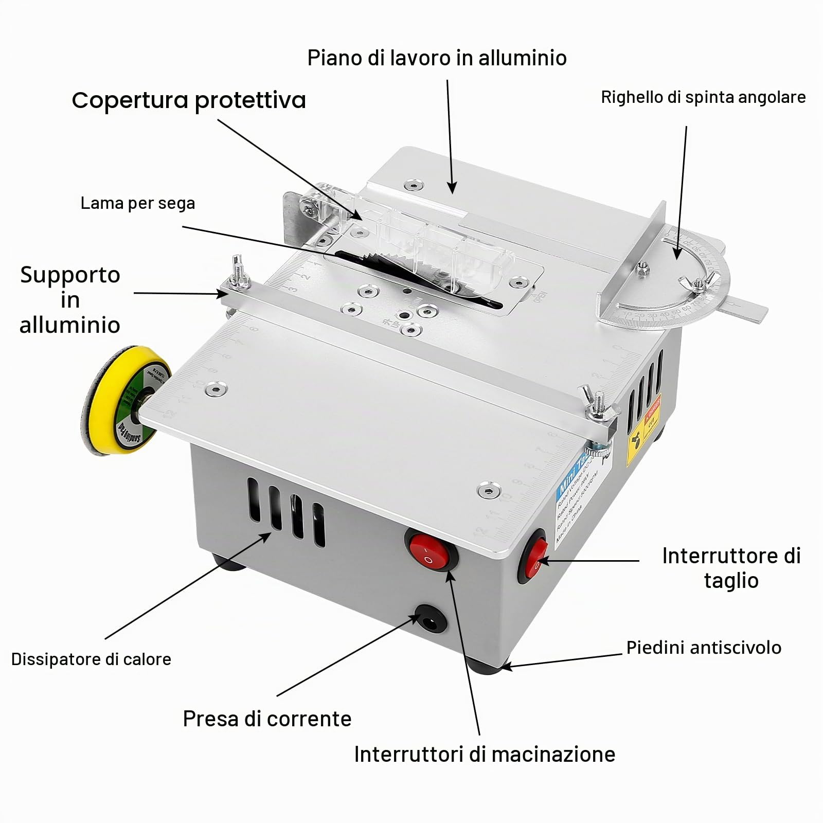 Mini sega da tavolo, 240 W, doppio controllo del motore, con disco abrasivo da 2 pollici, 10 cuscinetti per lucidatura e 4 lame, profondità di taglio regolabile, seghe circolari da tavolo, spina