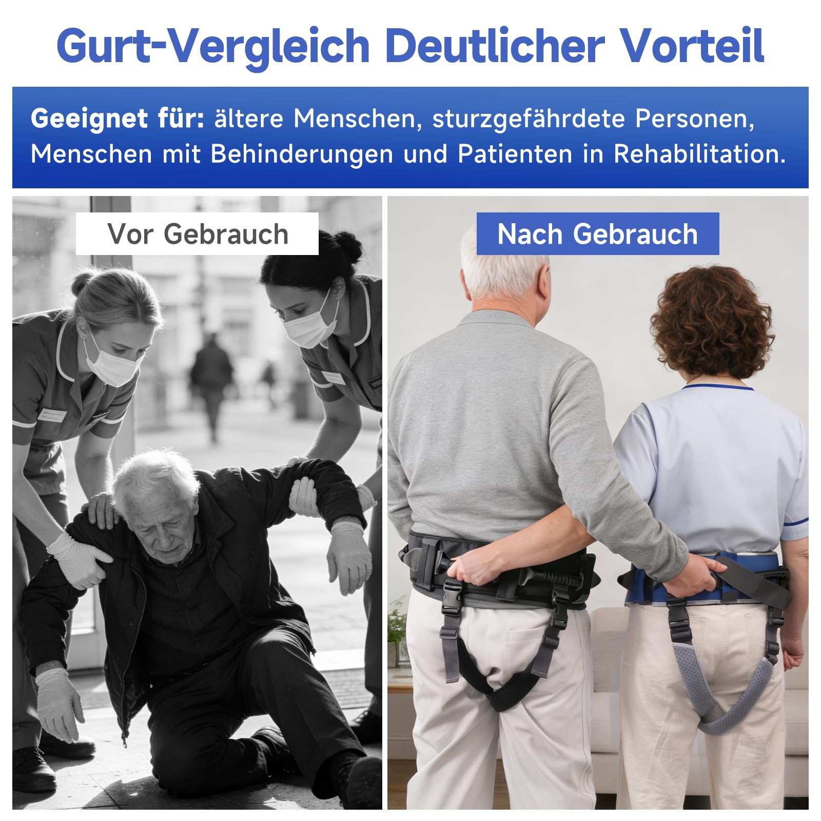 Transfergürtel Ganggürtel Transfergalgengurt für Senioren mit 7 Griffen und abnehmbaren Beingurten, Gelähmte Personen Körper Hebehilfen (L-Blaugrau)