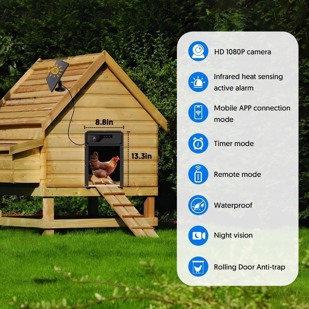 Photo 1 of 1080P HD Camera Solar Automatic Chicken Coop Door, 5000 mAh Large Battery, Support WiFi, APP Remote Viewing and Control, Timer, Alarm Driver Function, Easy to Install and Use.