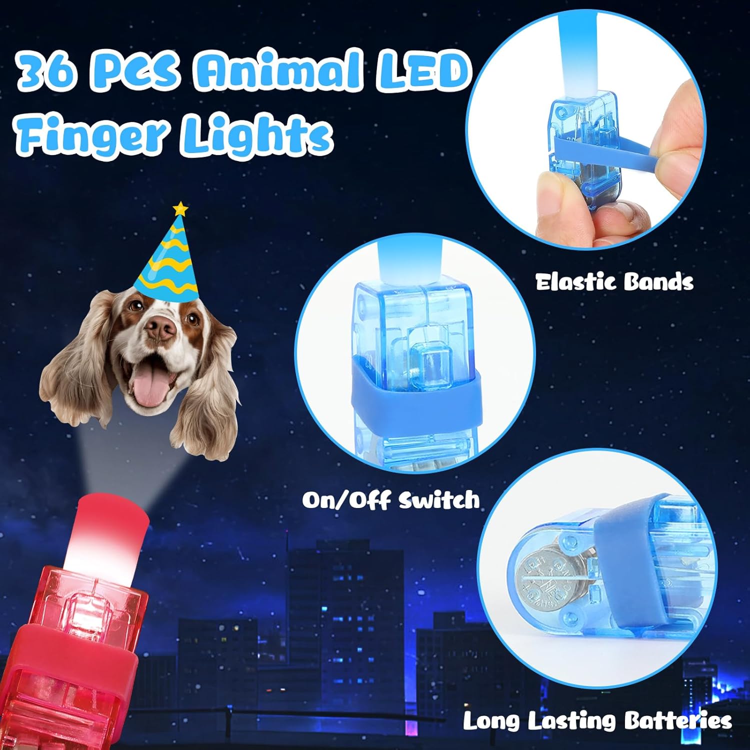 36Pcs Dog Themed LED Finger Lights Puppy Party Favors Glow in the Dark Light Up Finger Lights Toys Bulk for Birthday Party Favors Treasure Box Goodie Bag Stuffer Birthday Gifts Classroom Prize