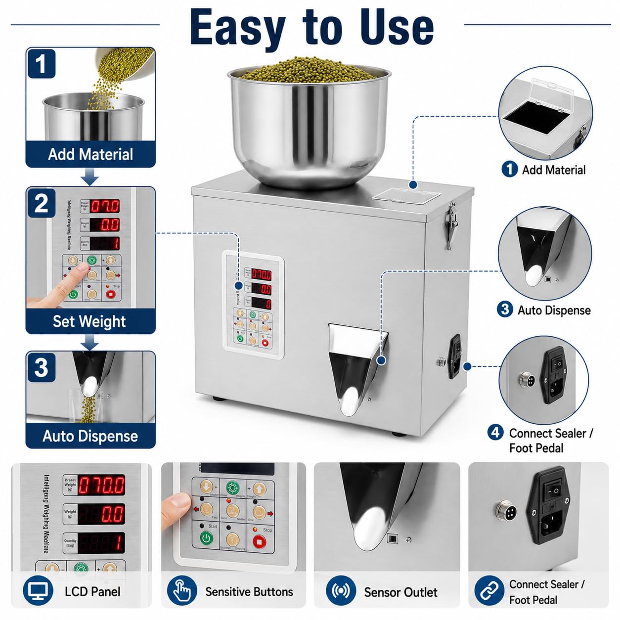 Pulverabfüllmaschine, 1–50 g, automatische intelligente Partikelwäge-Abfüllmaschine, Flaschenbeutel-Pulverfüller-Partikelspender für Teesamen, Körner, Pulver, Mehl, Bohnen, Glitzer