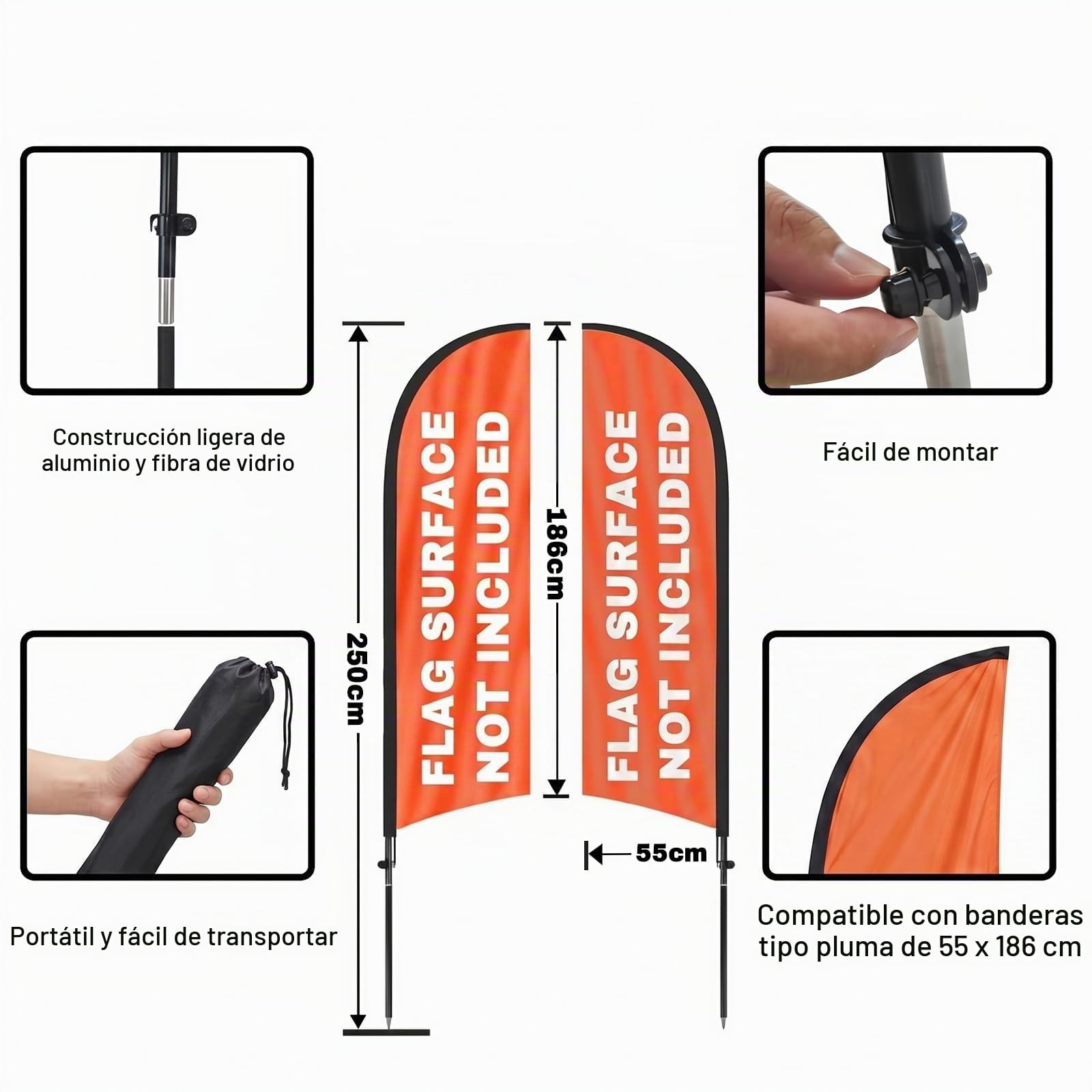 Kit de mástil de bandera de plumas, 2,44 m, mástil de bandera de plumas sin viento para negocios publicitarios