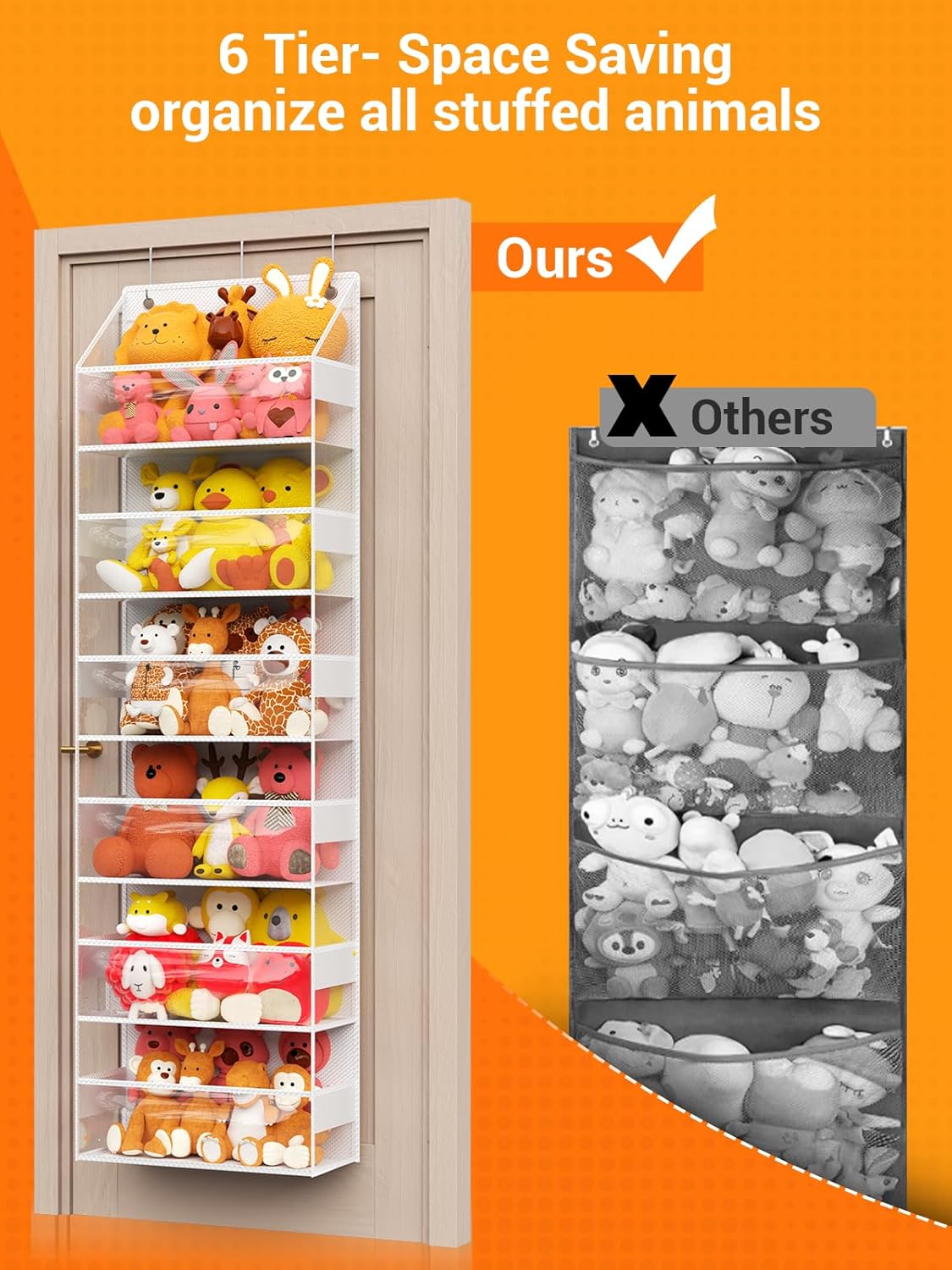 Over Door Organizer, Stuffed Animal Storage, Hanging Organizer for Stuffies Toys, Plush Holder, 6 Shelves, Behind Door Storage for Bedroom, Nursery, Dorm Room Decor, 1 Pack, Clear White