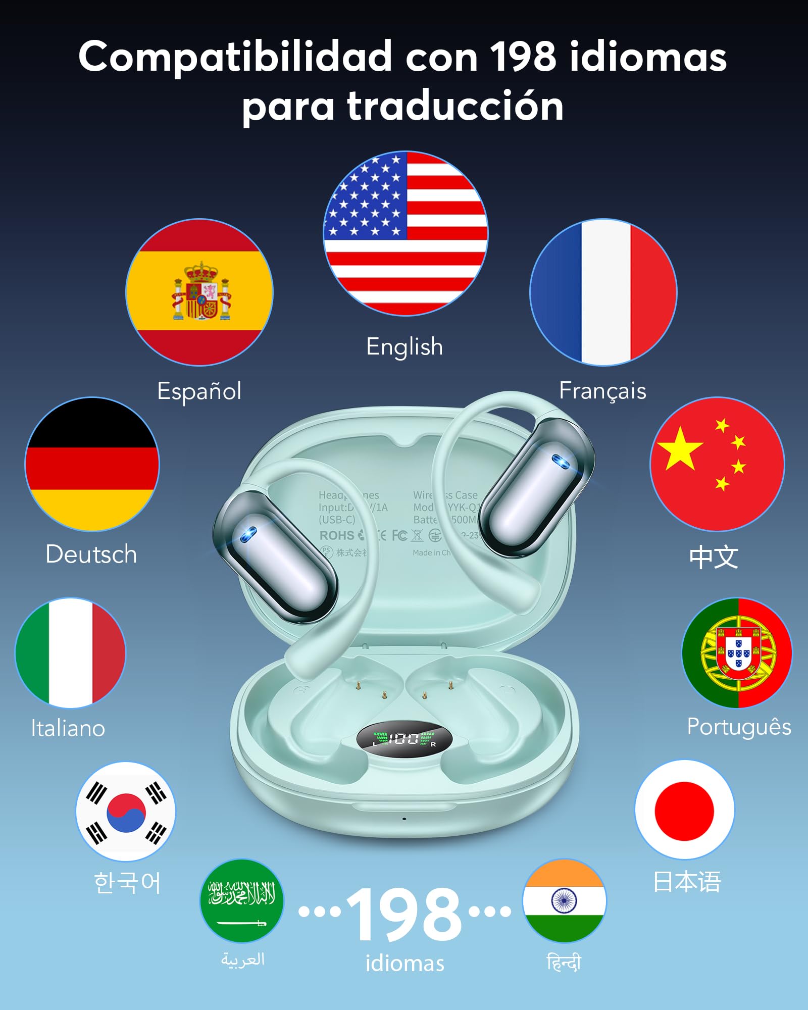 Auriculares Traductor en Tiempo Real 8 Modos Traducción con 198 Idiomas | 3 en 1 Auriculares Traductores de Idiomas, 60H Cascos Oreja Abierta Bluetooth 6.1 para Viajes, Reuniones Azul
