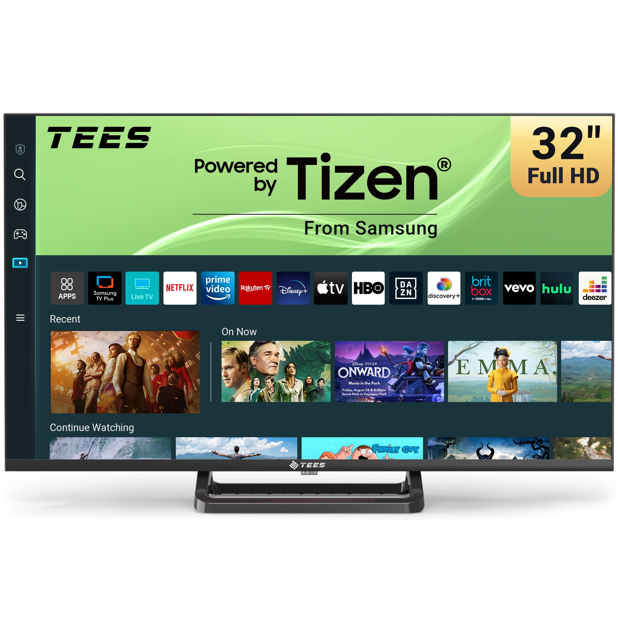 Tees Tees 32 inch FHD Smart TV, Tizen OS 1080P Television, Full HD Central Stand with Netflix Disney+ Gaming Hub Dolby Audio, Small Center Foot for Bedroom or Kitchen, Made in the UK