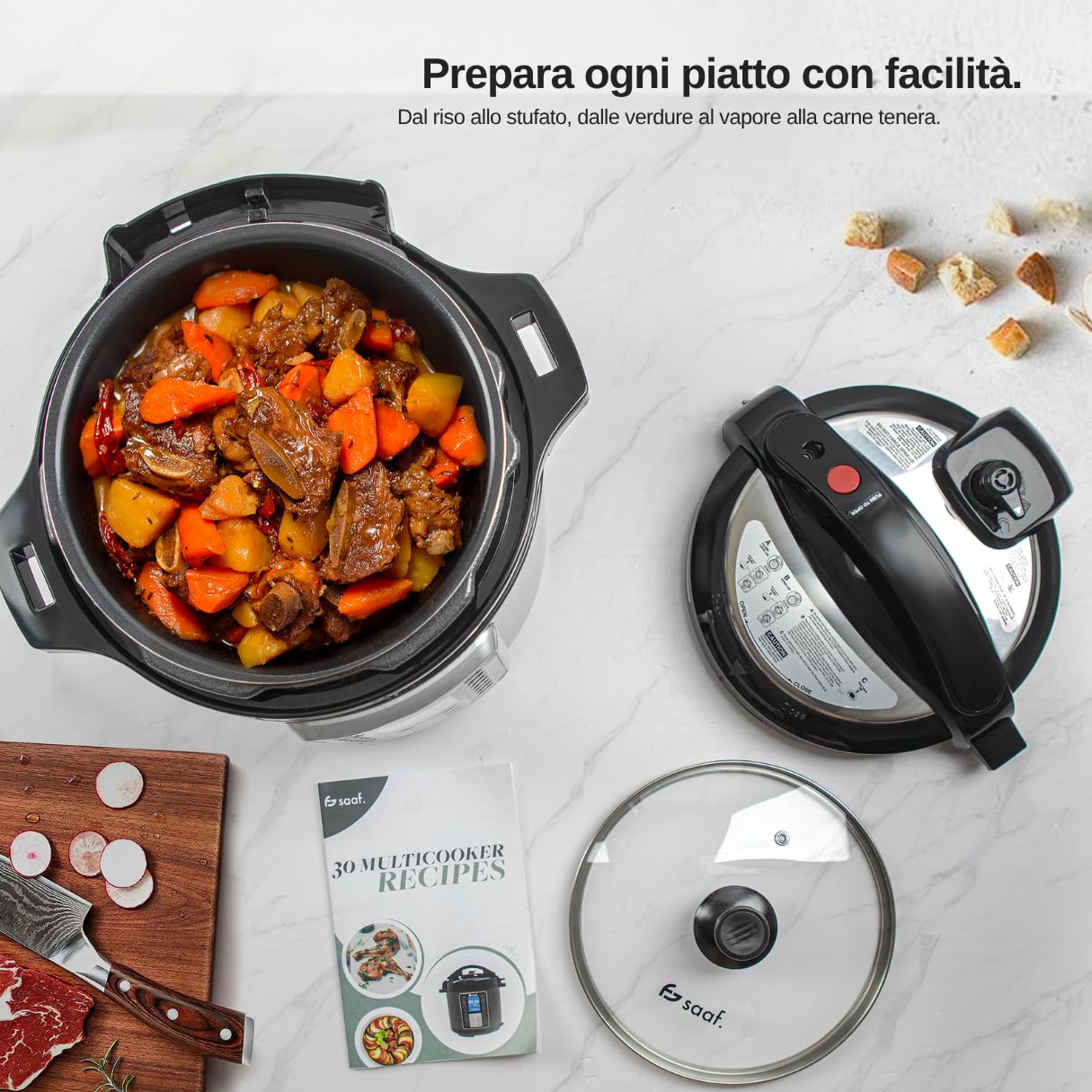 Saaf Multicooker – Set 11 Pezzi – 12 Programmi – Slowcooker, Cuociriso, Vaporizzatore & Pentola a Pressione – 6L – Include Coperchio, Pentola, Cucchiaio, Misurino & Ricettario – Display Digitale