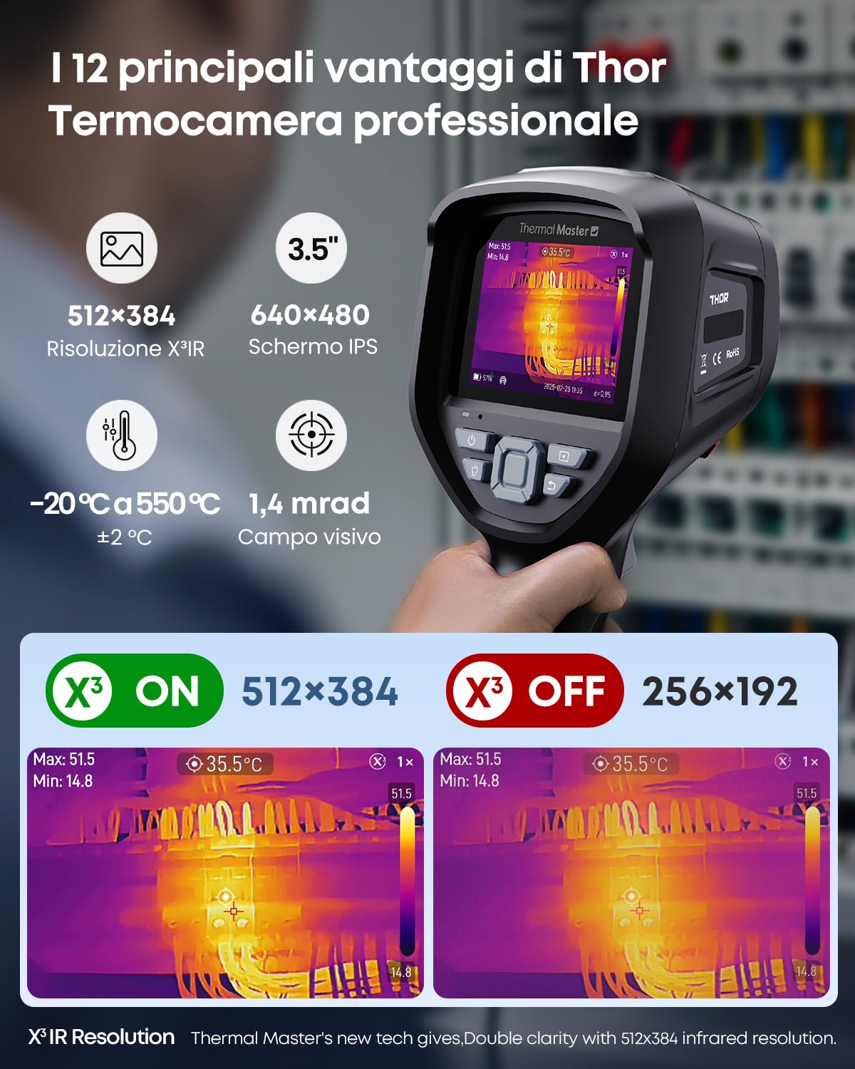 Thor 002 Termocamera Palmare, Risoluzione 512×384 px, 25Hz, Display IPS 3,5", -20°C a 550°C, WLAN & App/PC Analisi, IP54 per Settore Elettrico, Industriale e HVAC