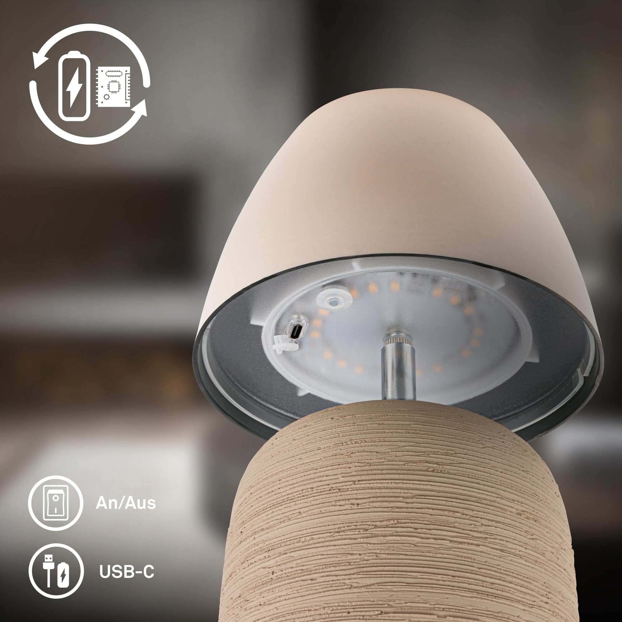 BRILONER - Lampara de mesa sin cable LED IP44 con control táctil, regulable, base de cerámica, lampara mesita noche sin cable, 13,5x22 cm, beige