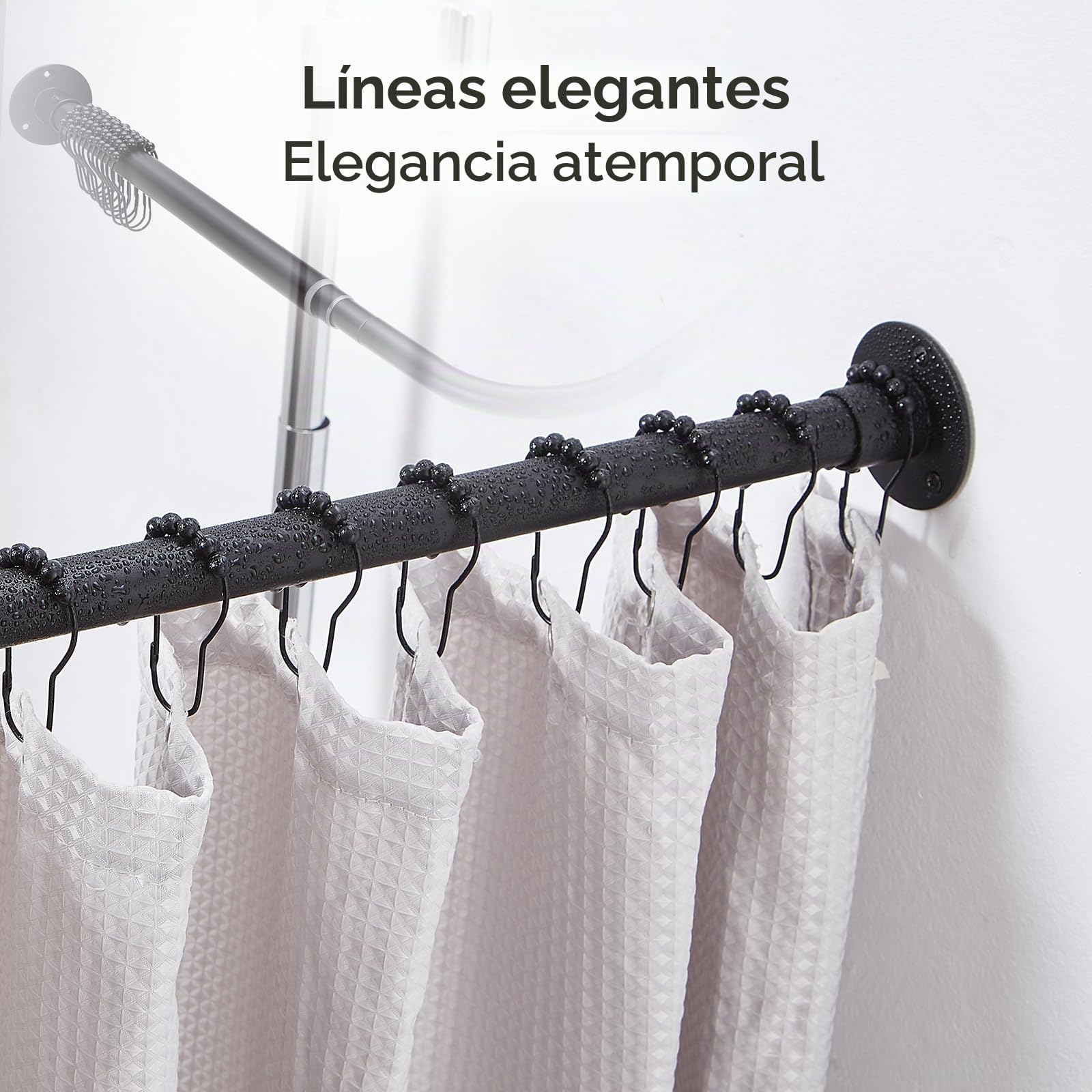 Barra de Ducha en Forma de L Ajustable [62-121 cm] x [62-121 cm] para Esquina, con 12 Ganchos y Soporte de Techo para Bañera - Negro Mate