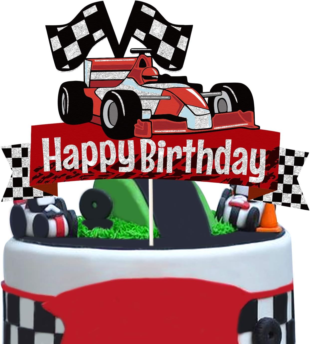 Glitter Race Car Cake Topper Happy Birthday Theme Cake Decor, Child Boys Girls Racing Car Checkered Flag Themed Party Supplies