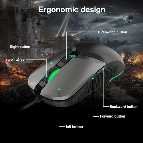 Miniatura 5 de RaceGT Ratón para juegos con cable, ratón óptico USB para computadora con alta precisión ajustable hasta 8000 DPI, mouse USB ergonómico para