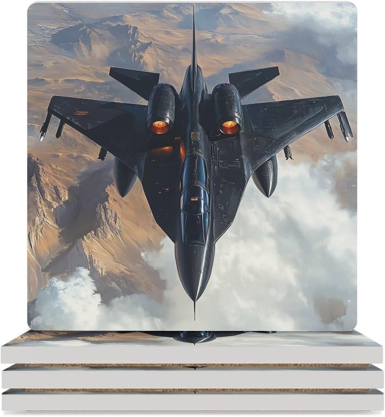 F-15 Fighter Jet Aircraft Ceramic Coasters Set Square Drink Coasters Table Coaster for Kitchen Desktop Decor
