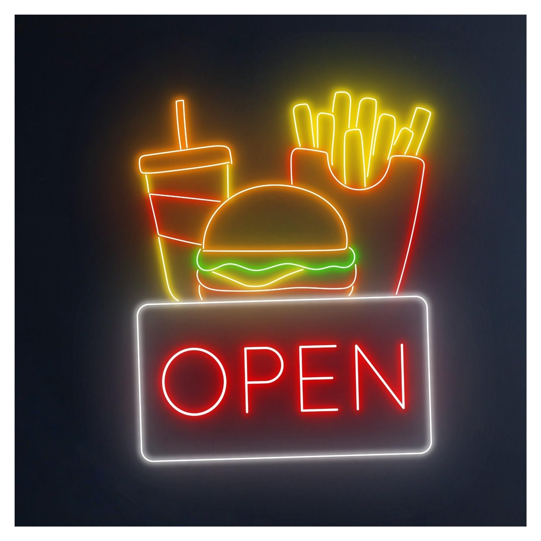 RONGCH Hanging Art Neon Signs Burger French Fries Neon Sign, Suitable for Street Food Shop Decor with Dimmable 53cm