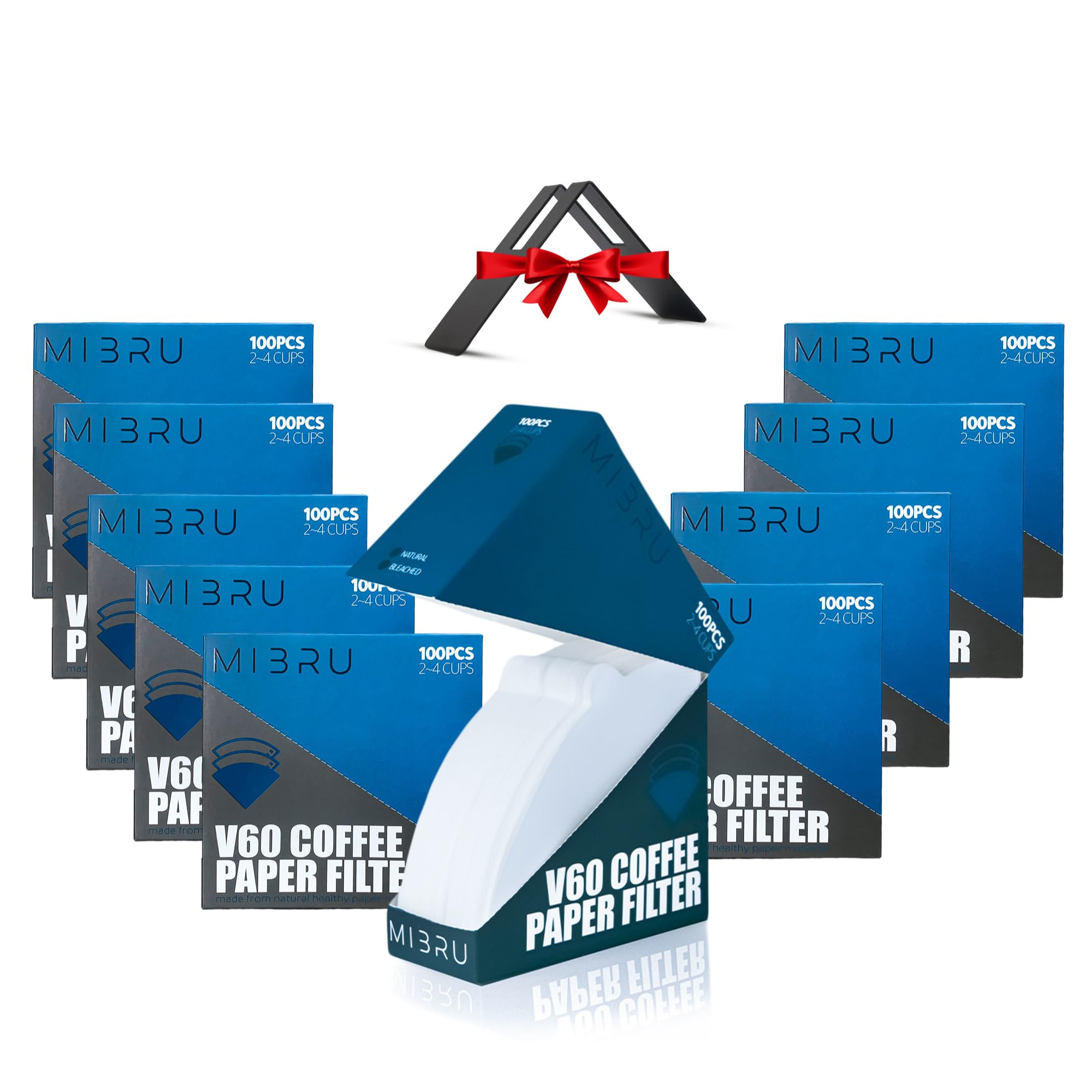 MIBRU Coffee Filters V60 Cone Paper Brown Natural 1000pcs Coffee Filters Disposable 2-4 Cups Natural Unbleached Coffee Filter Paper,Coffee Filter Holder Metal,Compatible with V60 Pour Over Drippers