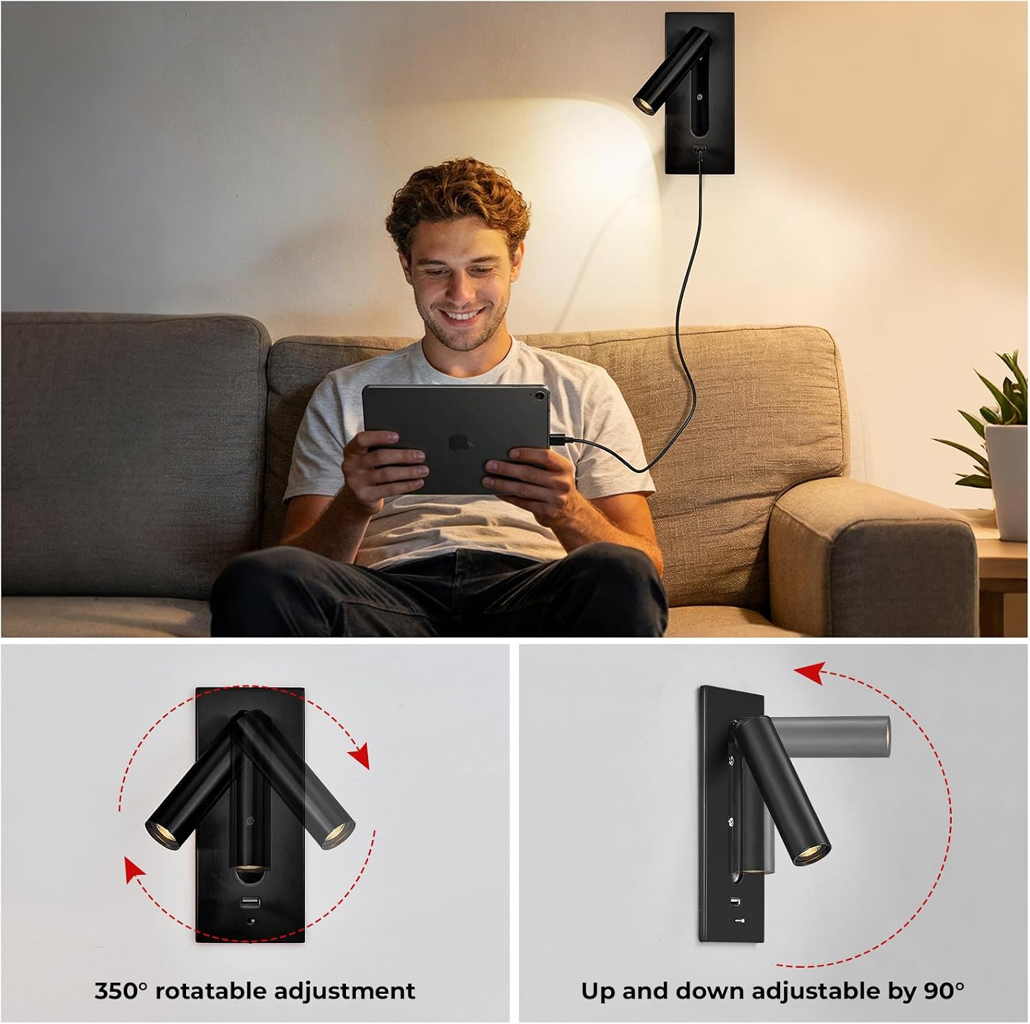 Wall Mount Reading Light for Bedroom, Headboard Lights for Reading in Bed with USB A Ports, Adjustable Wall Mounted Lamp 350°Rotatable 90°, Hardwired Bed Lights for Headboard with Switch