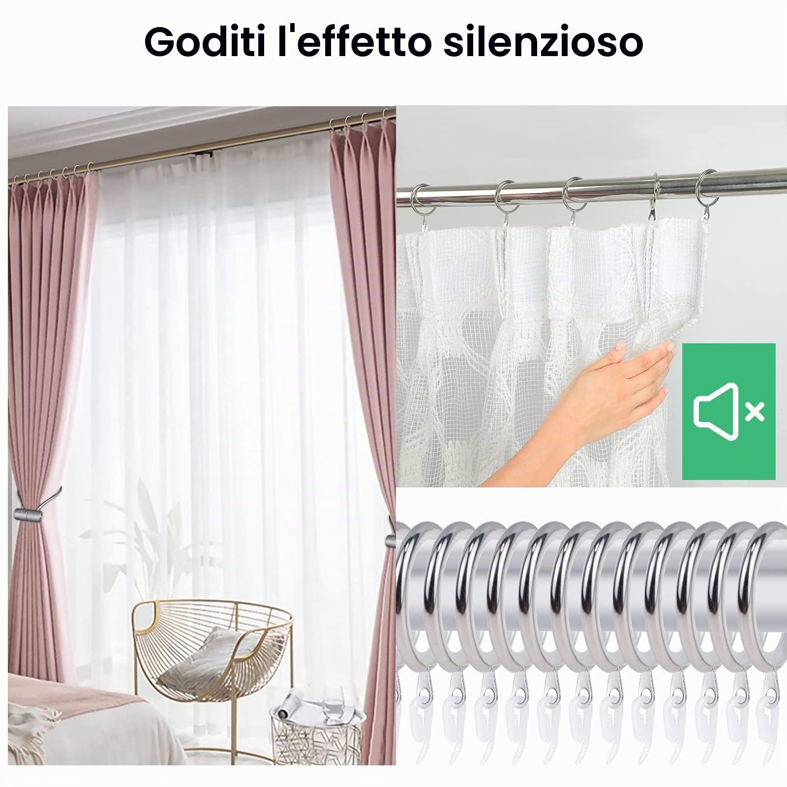 Set di 50 anelli per tenda mute in argento, con 50 anelli in gomma, diametro interno 27 mm, per tenda e aste