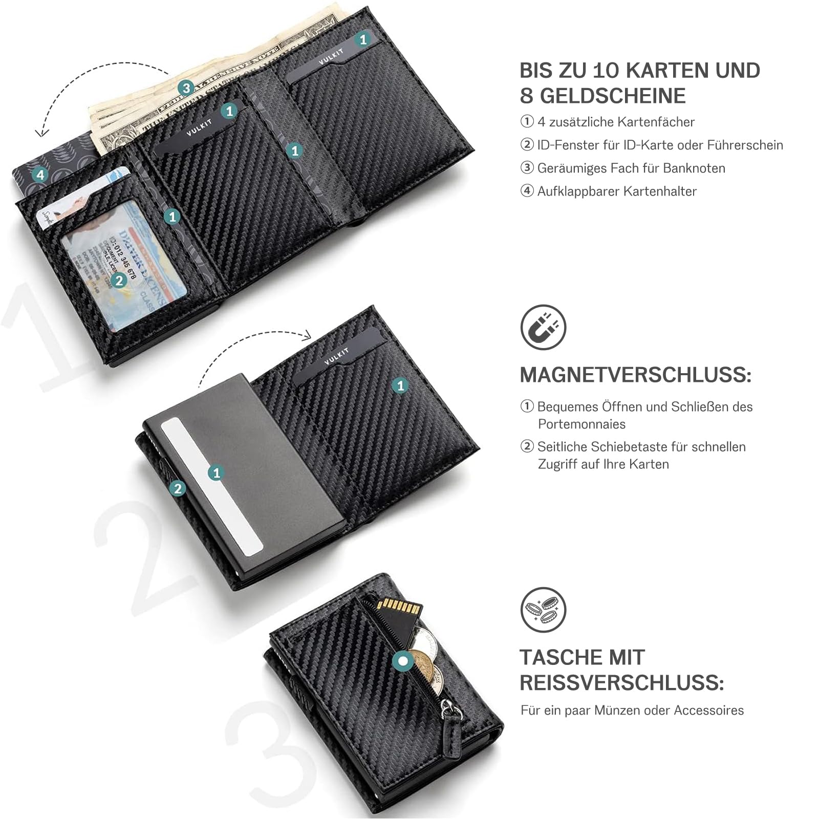 skórzany portfel męski Slim z kieszenią na monety etui na karty mały/mini z ochroną RFID etui na karty portfel czarny węglowy inteligentny portfel męski