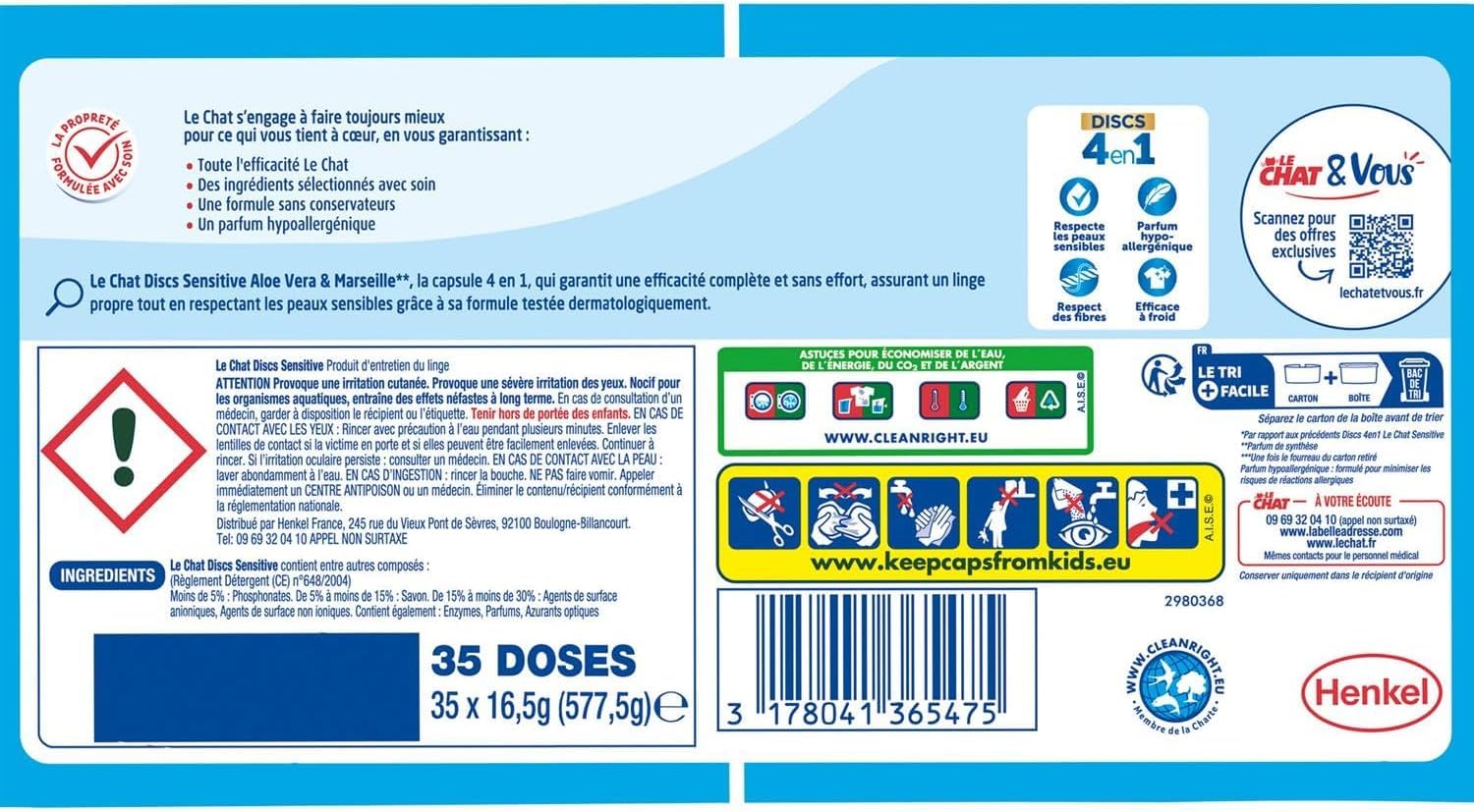 LE CHAT Pack Intensif Sensitive Capsules Lessive Discs 4en1 au Savon de Marseille & Aloe Vera Peaux Sensibles Parfum Hypoallergénique 210 Capsules