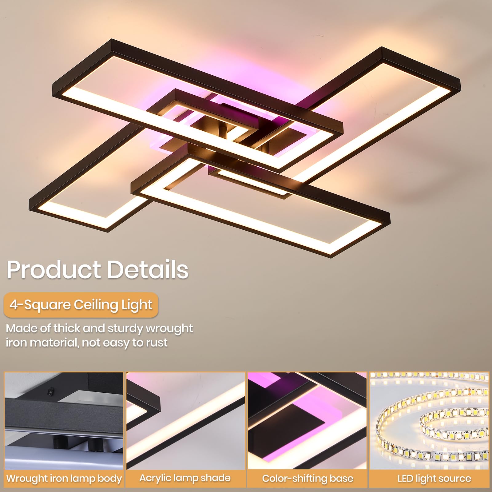 Plafoniera LED Soffitto 50W, Dimmerabile, 4 Rettangoli, Nero,3000LM | Lampadario Moderno 3000-6000K con Telecomando e APP, Luce RGB Sincronizzata per Soggiorno, Camera da Letto, Ufficio, Cucina