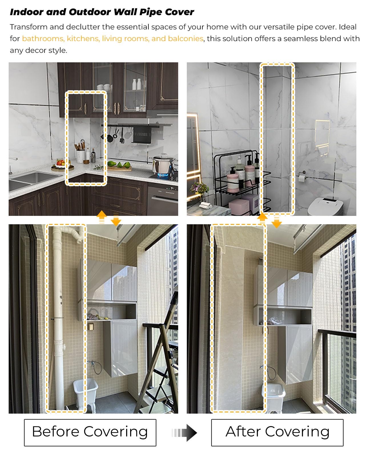 Couvercle De Tuyau De Salle De Bain en Forme De U, 30 40 70 100 130 160 CM Boîtier De Tuyauterie/Revêtement De Tube D'étanchéité pour Conduits De Ventilation(L W D 30x12x12cm/11.8x4.7x4.7in)