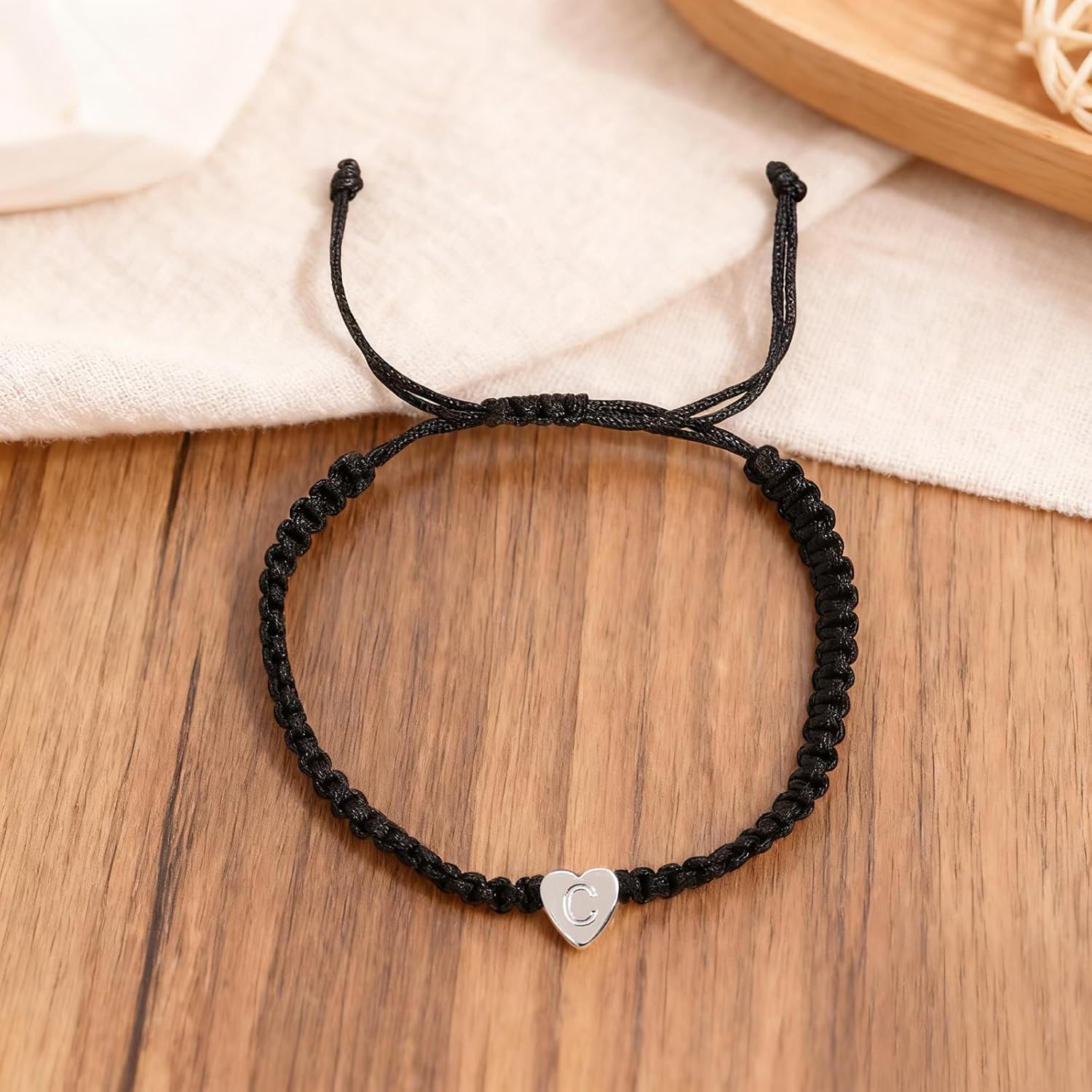 Valentine Silver Heart Initial Black Strand Stack Bracelet for Women, Trendy Simple Stackable Letter Bracelets Accessories Prom Fashion Jewelry Gift - Image 4